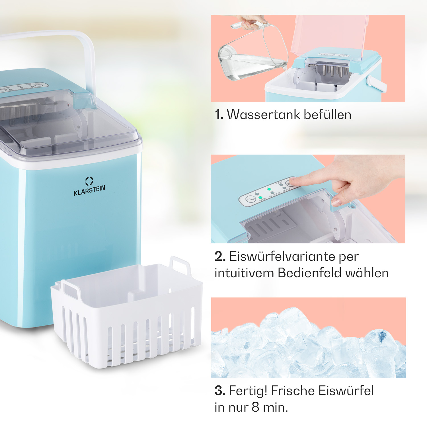 Blauer Eisbereiter mit weißem Korb. Anweisungen zeigen Wasserfüllung, Knopfdruck und Eiswürfel.