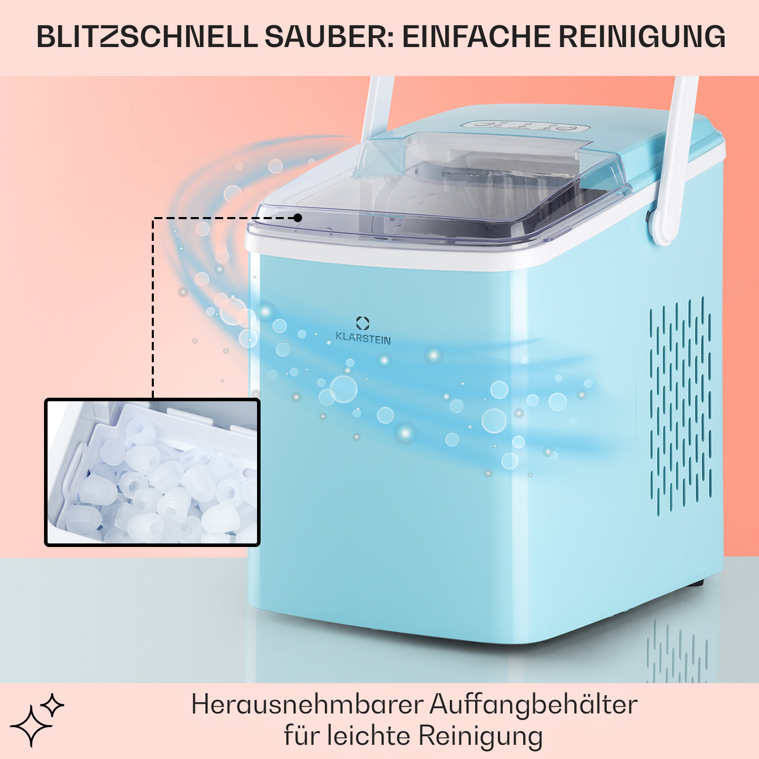 Ein hellblauer Eisbereiter. Er hat einen transparenten Deckel. Eiswürfel werden in einem kleinen Fenster angezeigt.