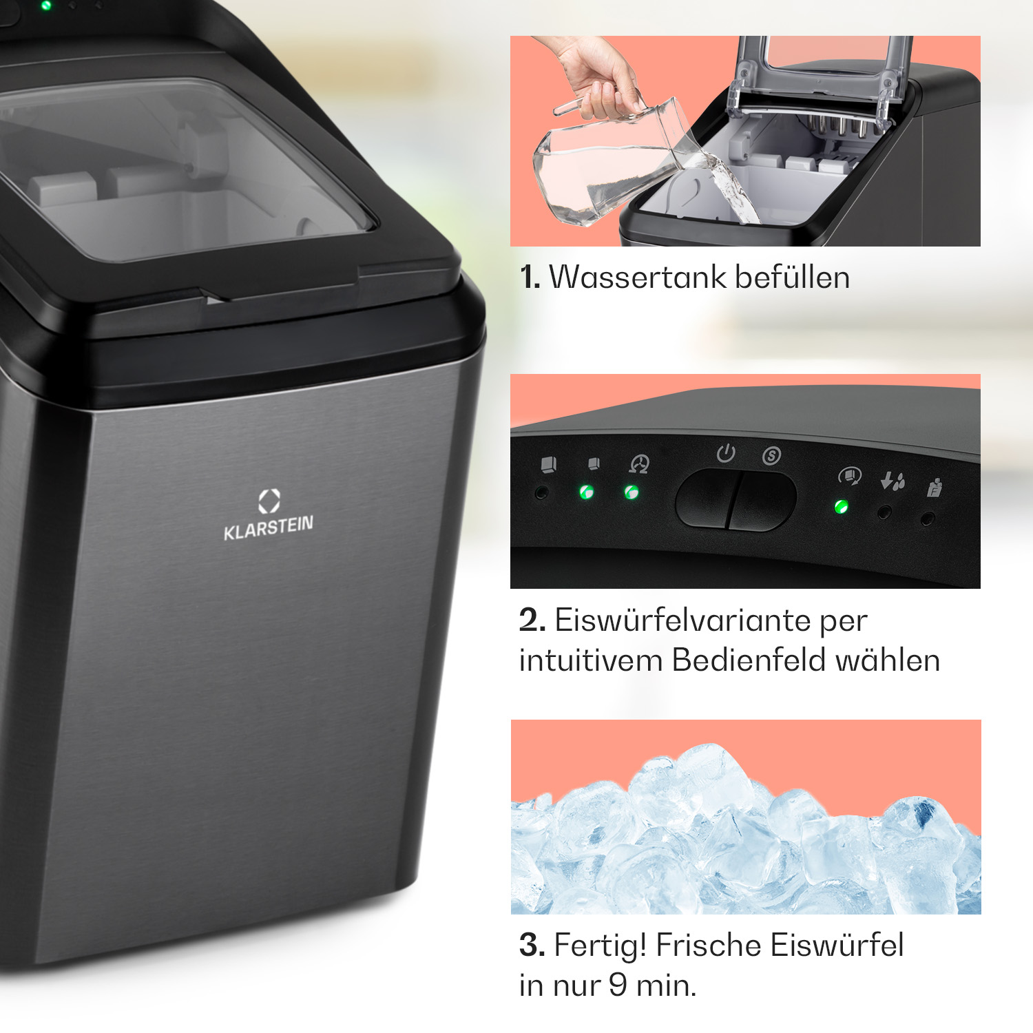Macchina per il ghiaccio con istruzioni e primi piani delle funzioni e dei cubetti di ghiaccio.