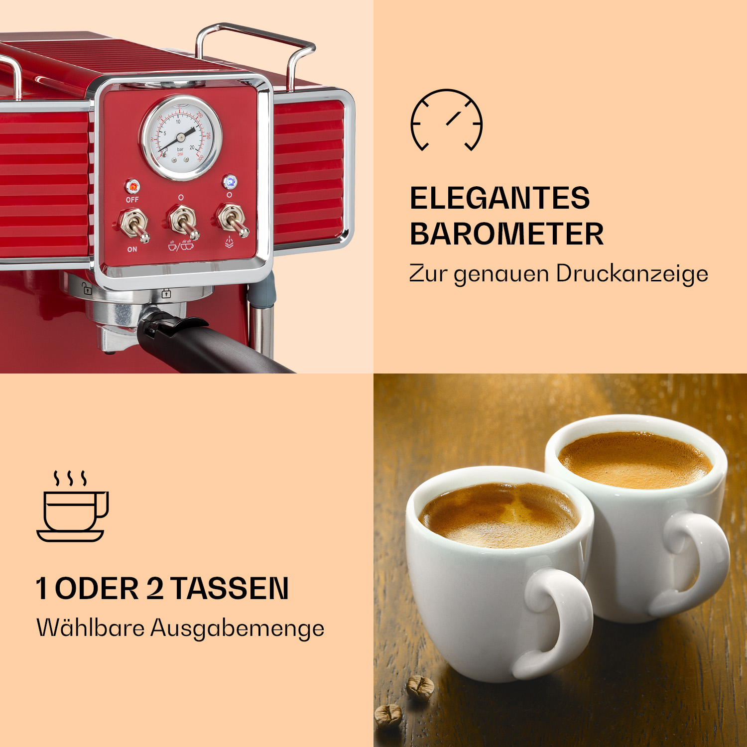 Una macchina per espresso rossa con barometro e due tazze di caffè, con testo sul caffè.