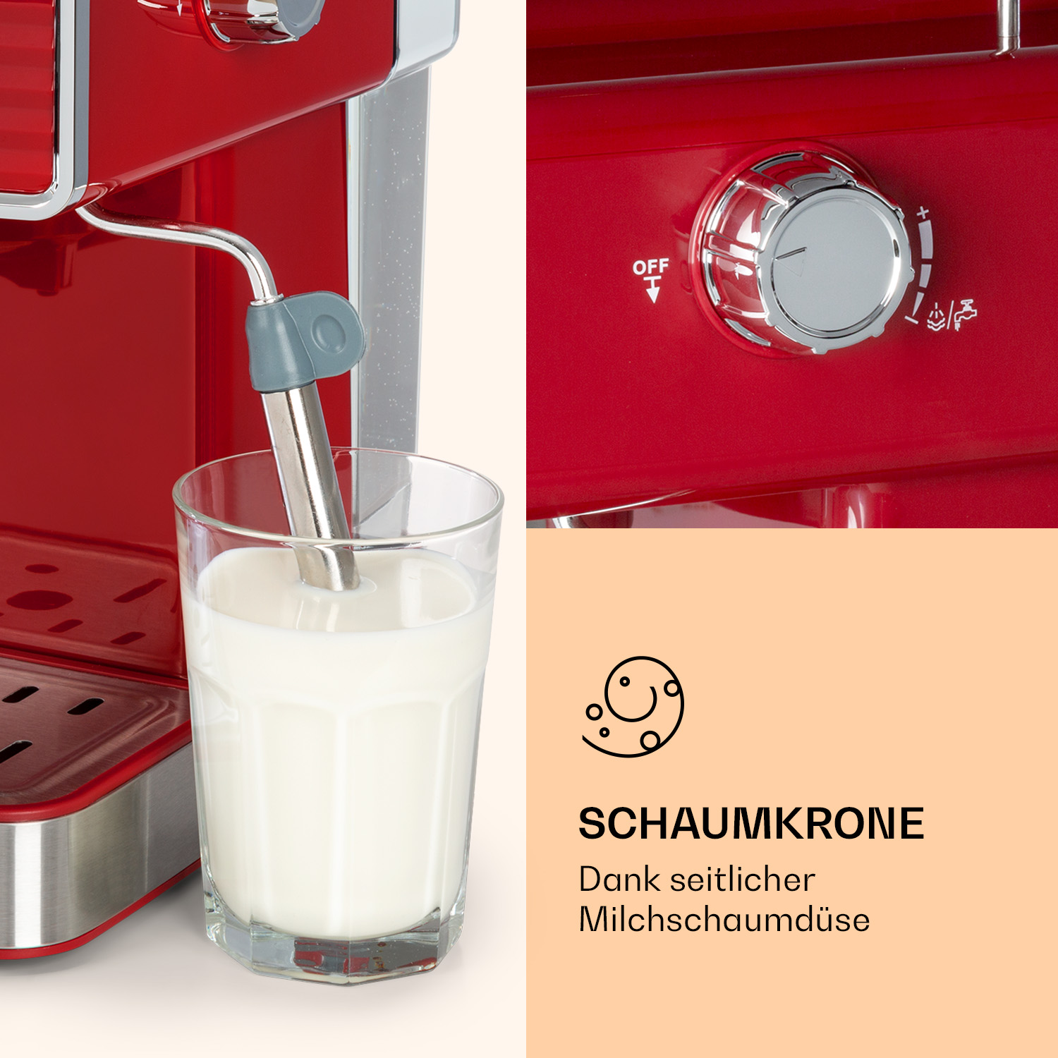 Un primo piano di una macchina per caffè rossa con un bicchiere di latte e una corona di schiuma.