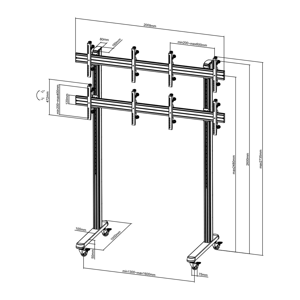 Dibujo técnico de un soporte grande con múltiples pantallas, mostrando dimensiones y estructuras.