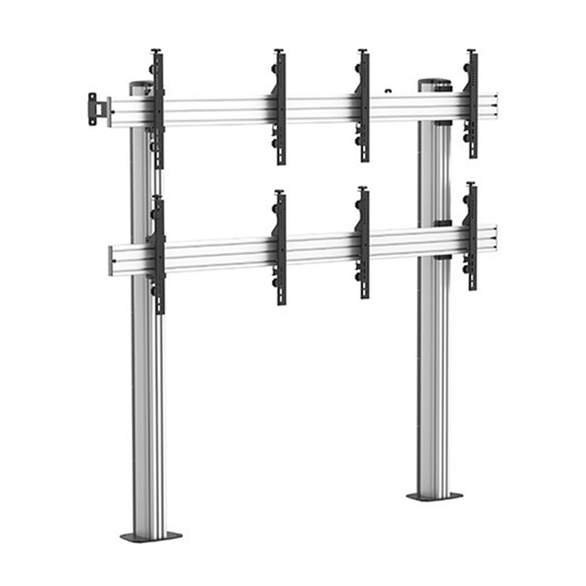Soporte de TV de metal con soportes ajustables. Tiene dos postes verticales.
