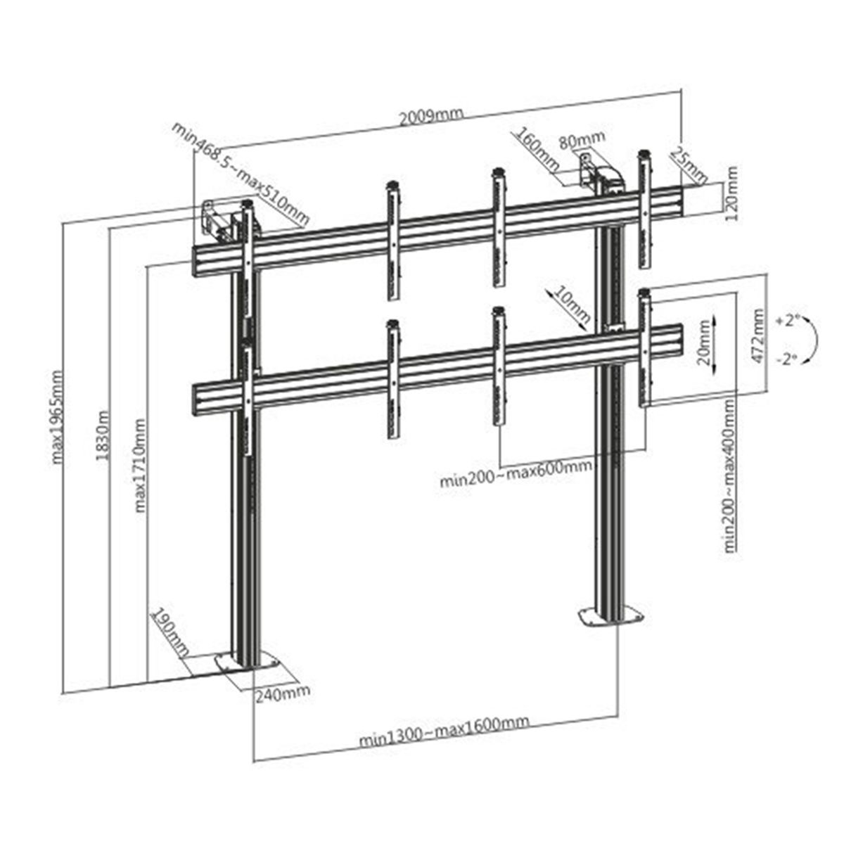 Diagrama de un soporte de TV negro y plateado con medidas. Tiene dos soportes verticales y barras transversales.