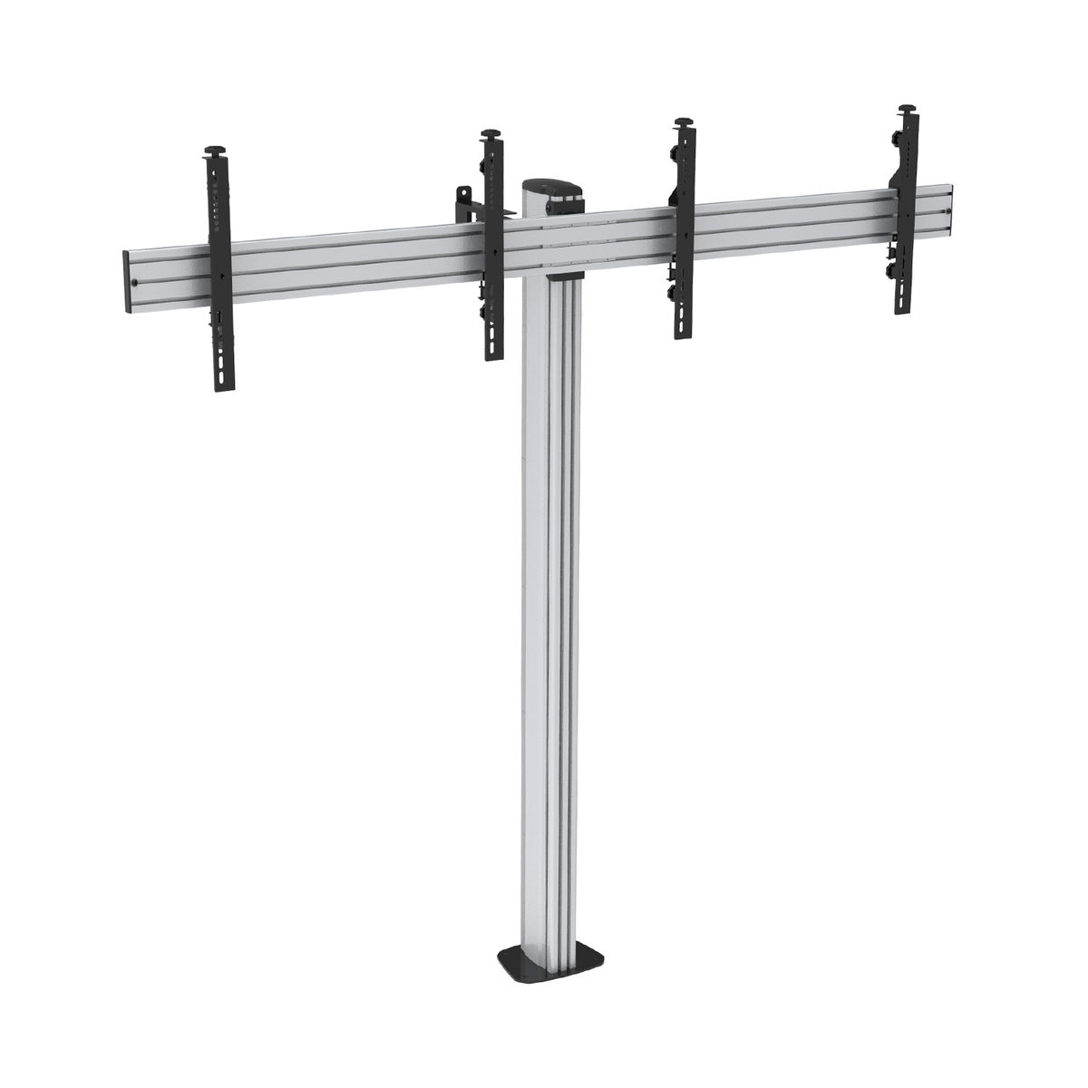 Un soporte plateado con un poste vertical y barras horizontales, para montar pantallas.