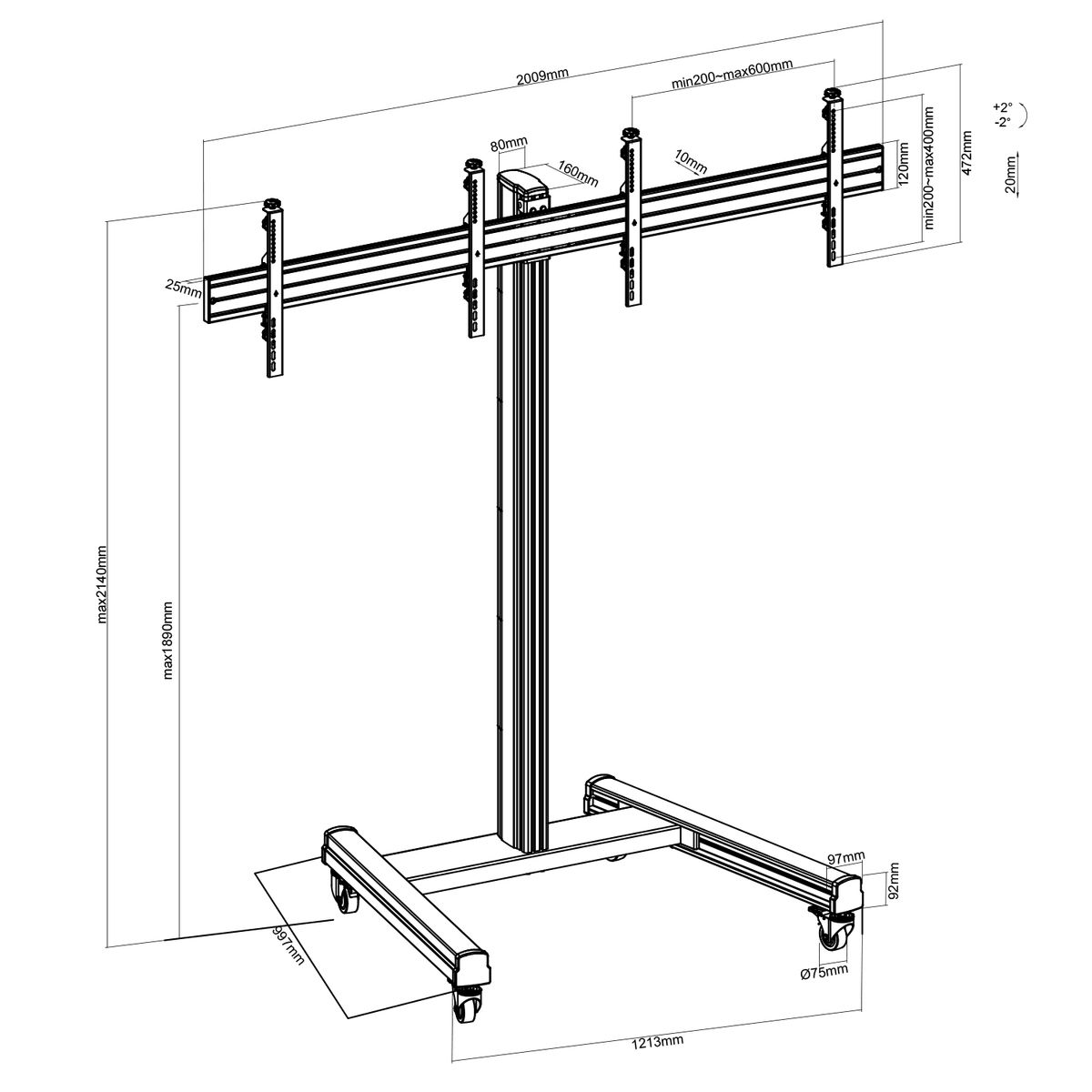 Diagramma tecnico di un supporto TV con misure, nero e argento.