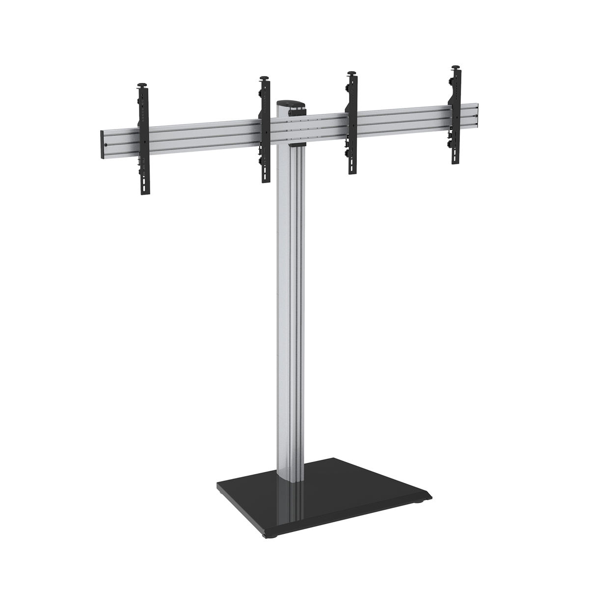 Soporte TV con base negra y poste plateado, soportes negros sujetando barra. Fondo blanco.