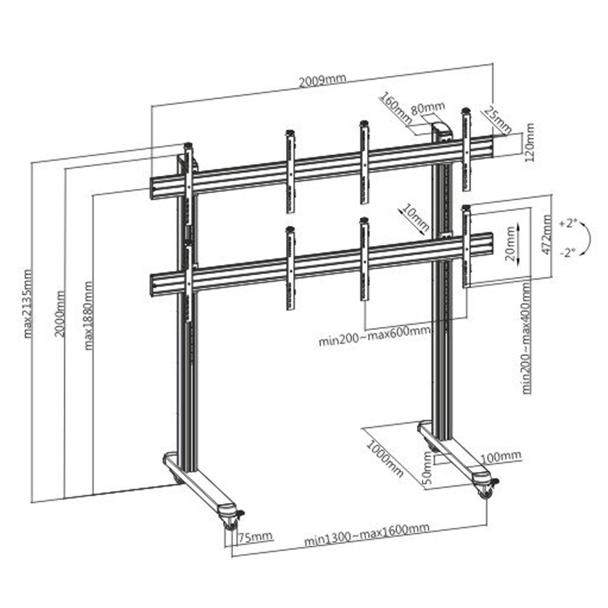 Dibujo técnico de un soporte de TV con ruedas, medidas en mm.