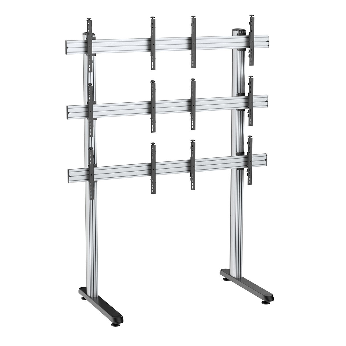 Soporte de TV plateado. Múltiples barras horizontales. Base y soportes negros.