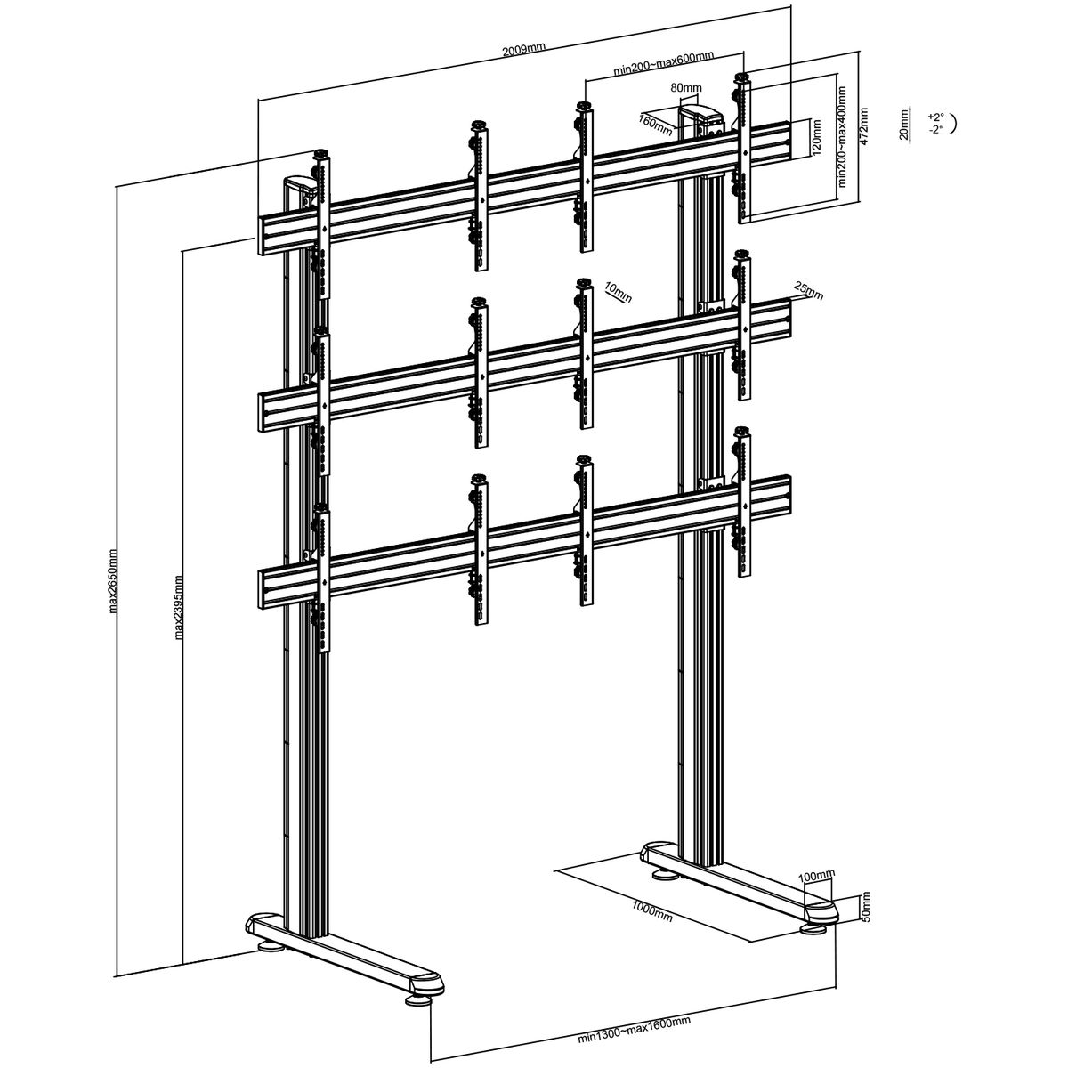 Dibujo técnico de un soporte de TV, que muestra dimensiones en milímetros y un estilo en blanco y negro.