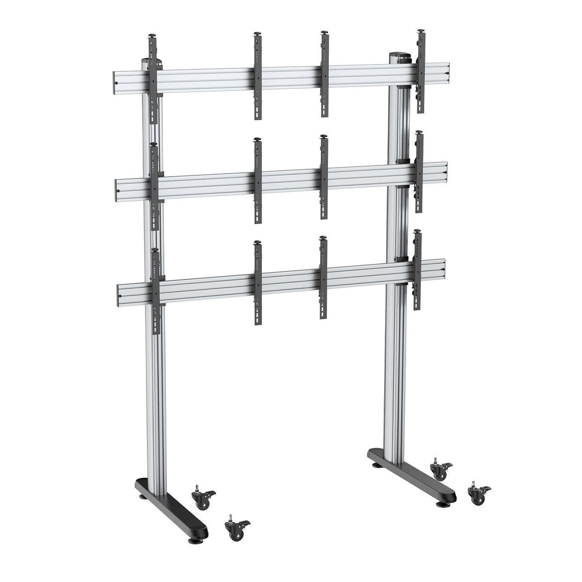 Un soporte de TV de metal plateado con múltiples niveles y ruedas en la base.