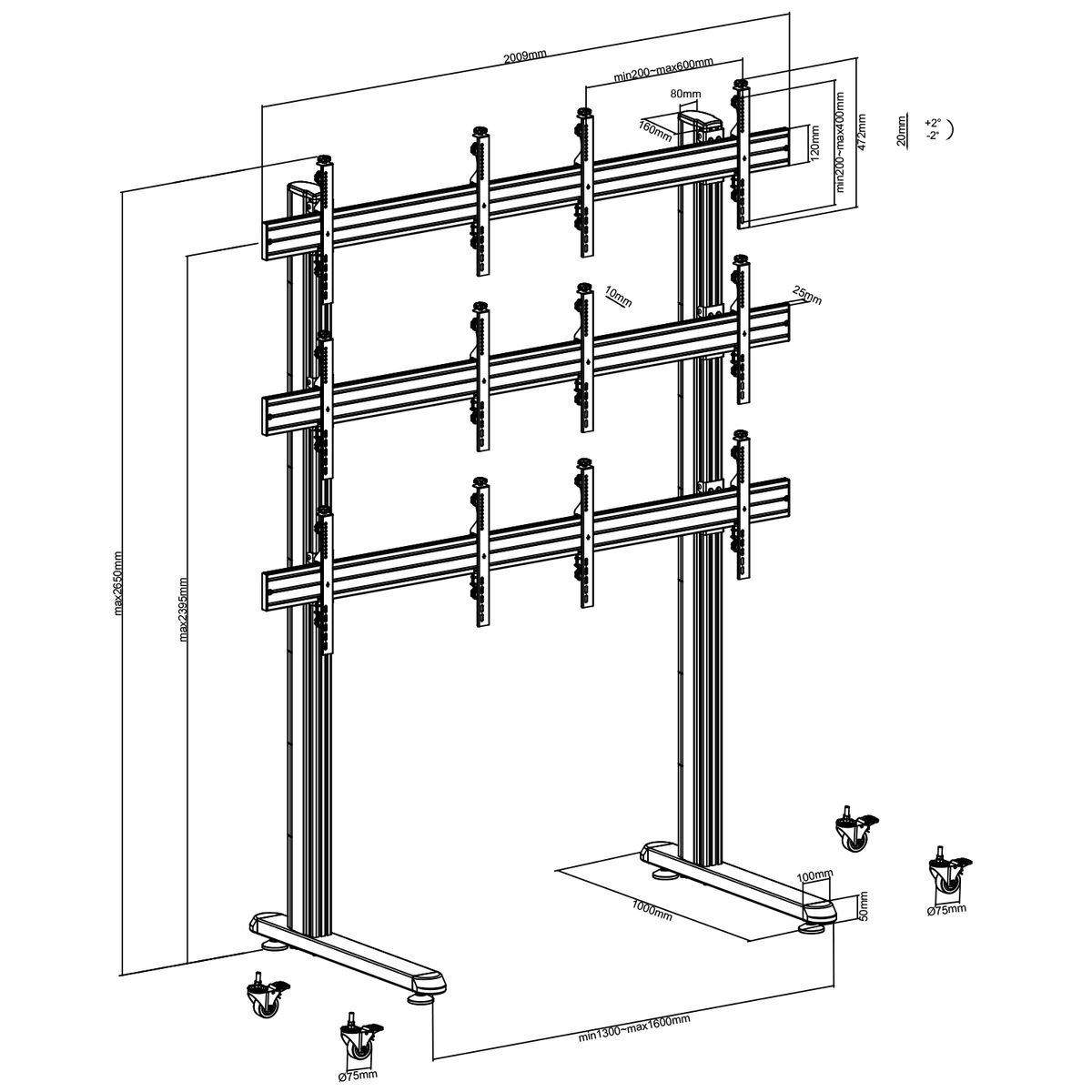 Soporte de TV blanco y metálico con dimensiones.