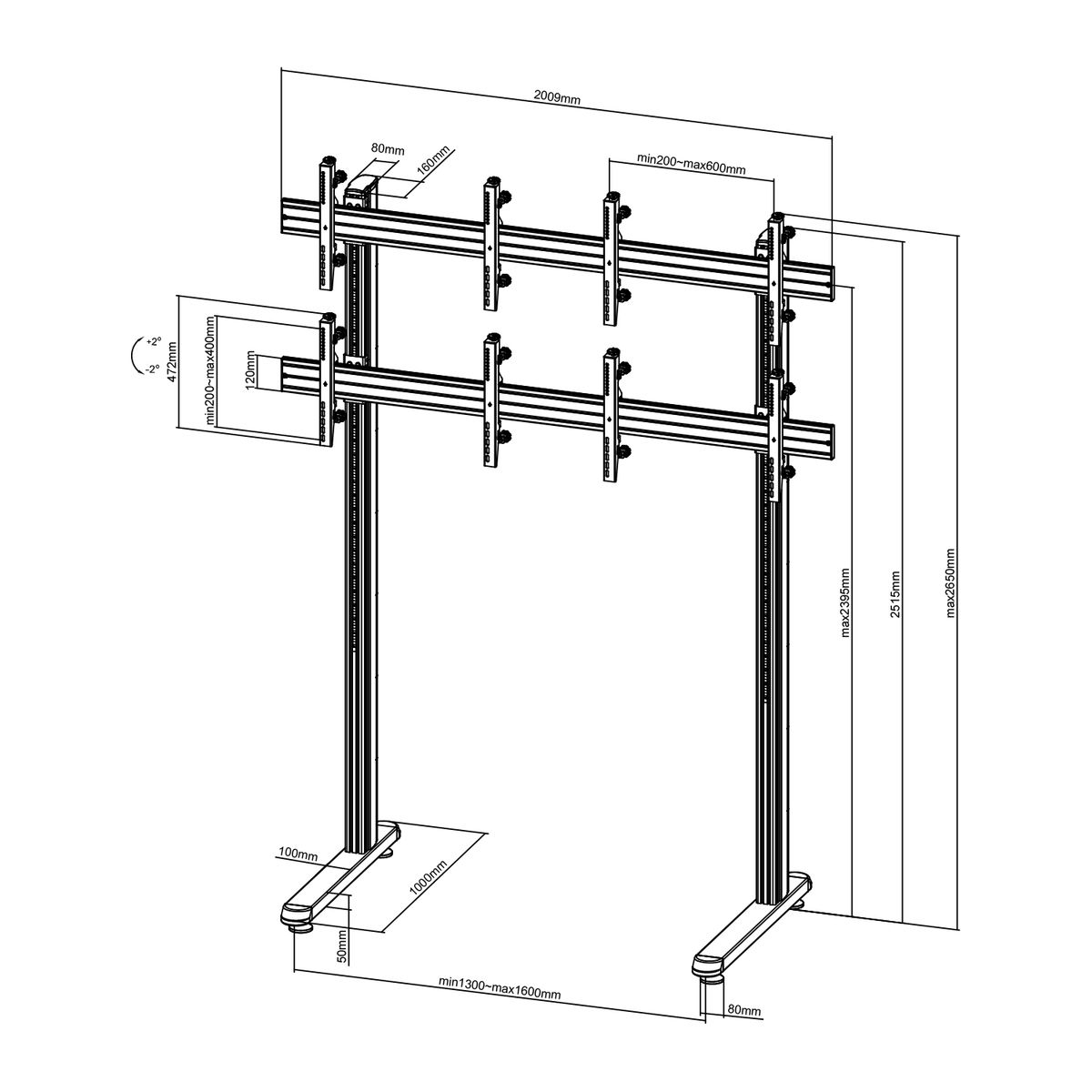 Un diagrama de un soporte de doble pantalla con dimensiones y etiquetas, en estilo de dibujo técnico.