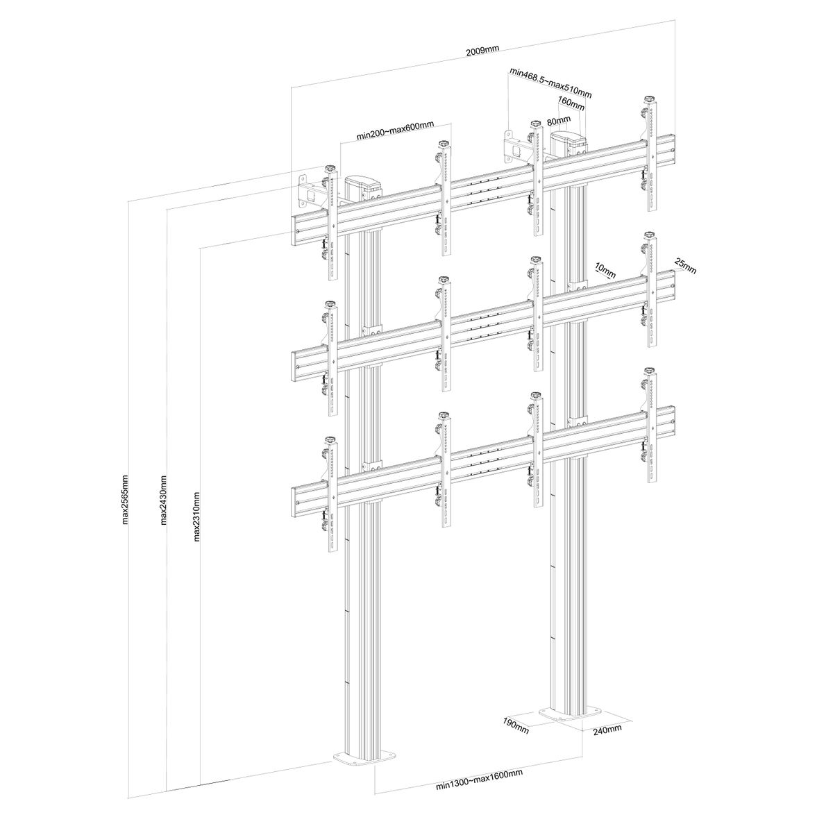 Un plano arquitectónico con dimensiones que muestra la estructura para pantallas de TV.