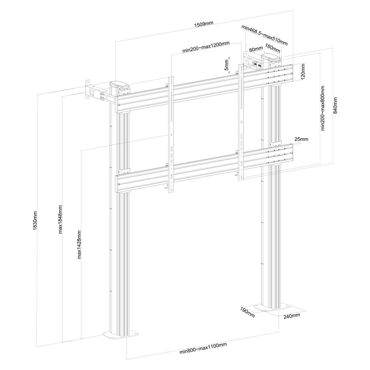 Plano técnico de un soporte de TV. Incluye dimensiones y componentes etiquetados. El diseño muestra una estructura de soporte.