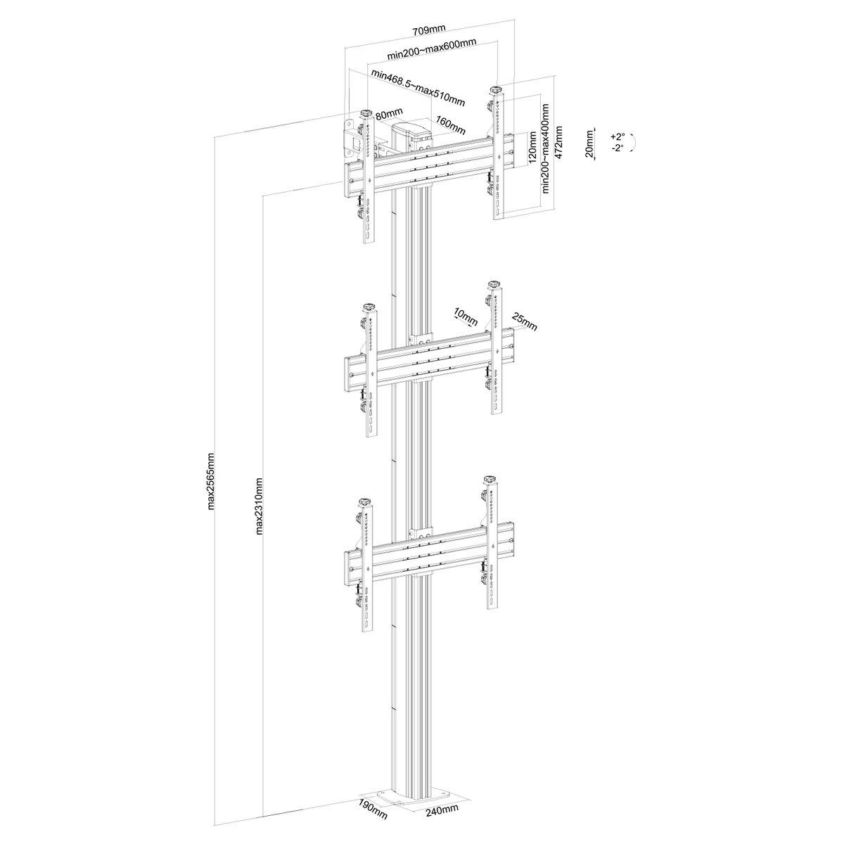 Dibujo técnico con dimensiones, mostrando un sistema de montaje mural para TV.