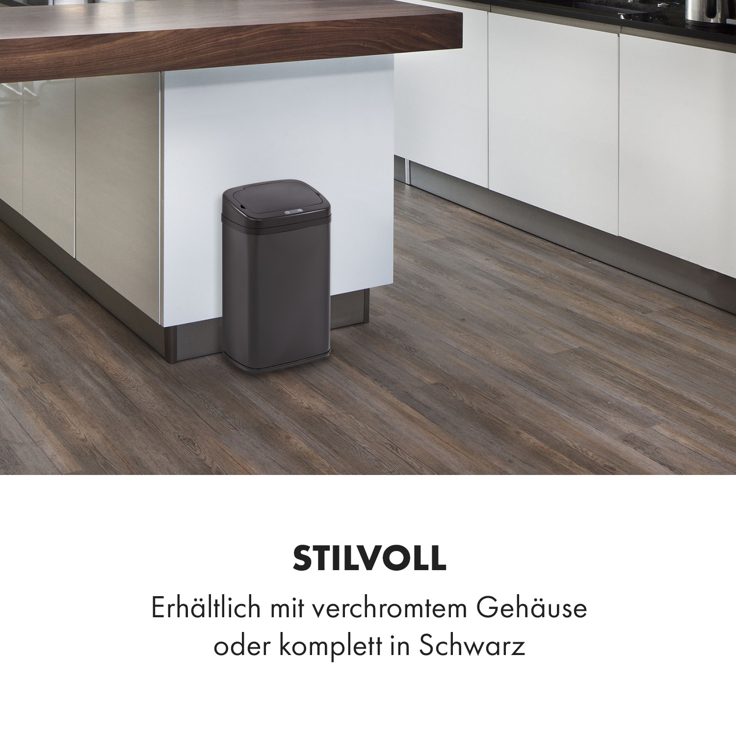 Schwarzer Mülleimer auf Holzboden, neben einer weißen und braunen Theke. Text: 'Stilvoll' und Details.