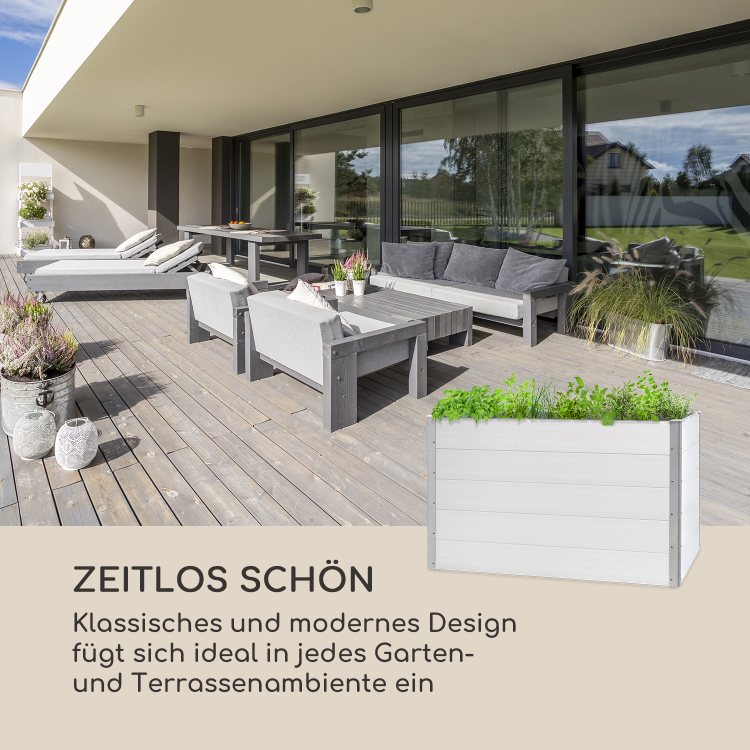 Holzdeck mit Gartenmöbeln und einer Pflanzkasten. Text unten sagt zeitloses Design.