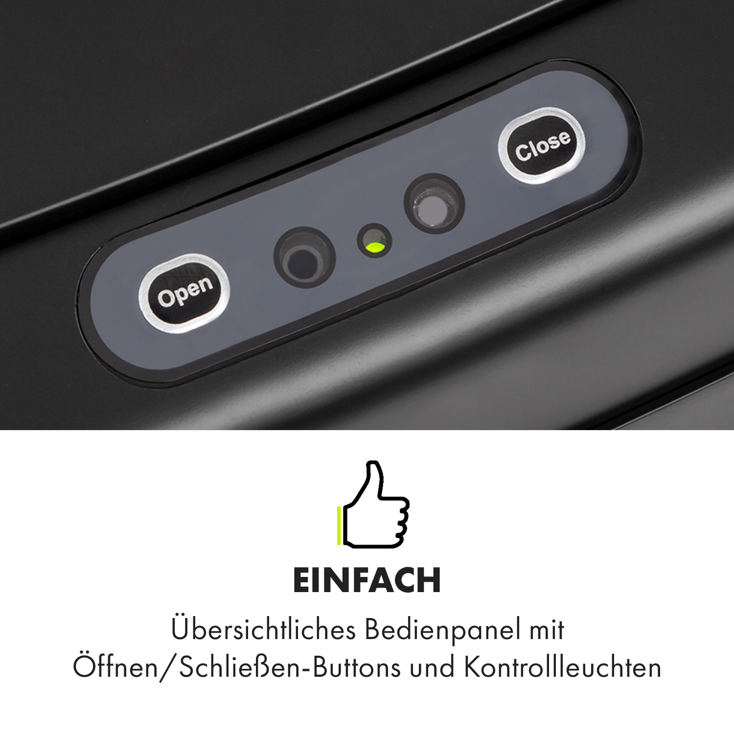 Nahaufnahme eines schwarzen Mülleimerdeckels mit Öffnungs-/Schließknöpfen und grüner Kontrollleuchte.