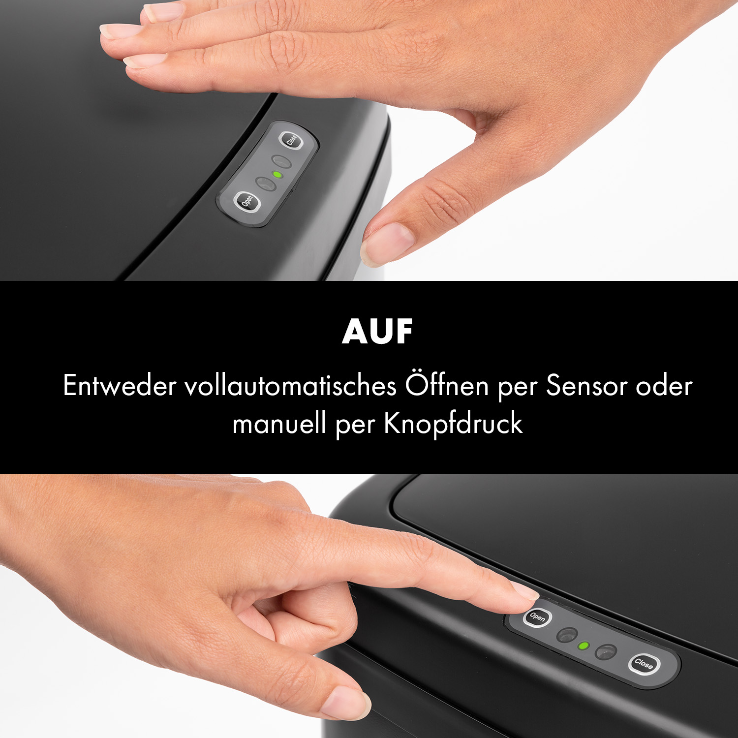 Hände, die mit einem schwarzen Mülleimer interagieren, mit Text, der automatisches und manuelles Öffnen beschreibt.