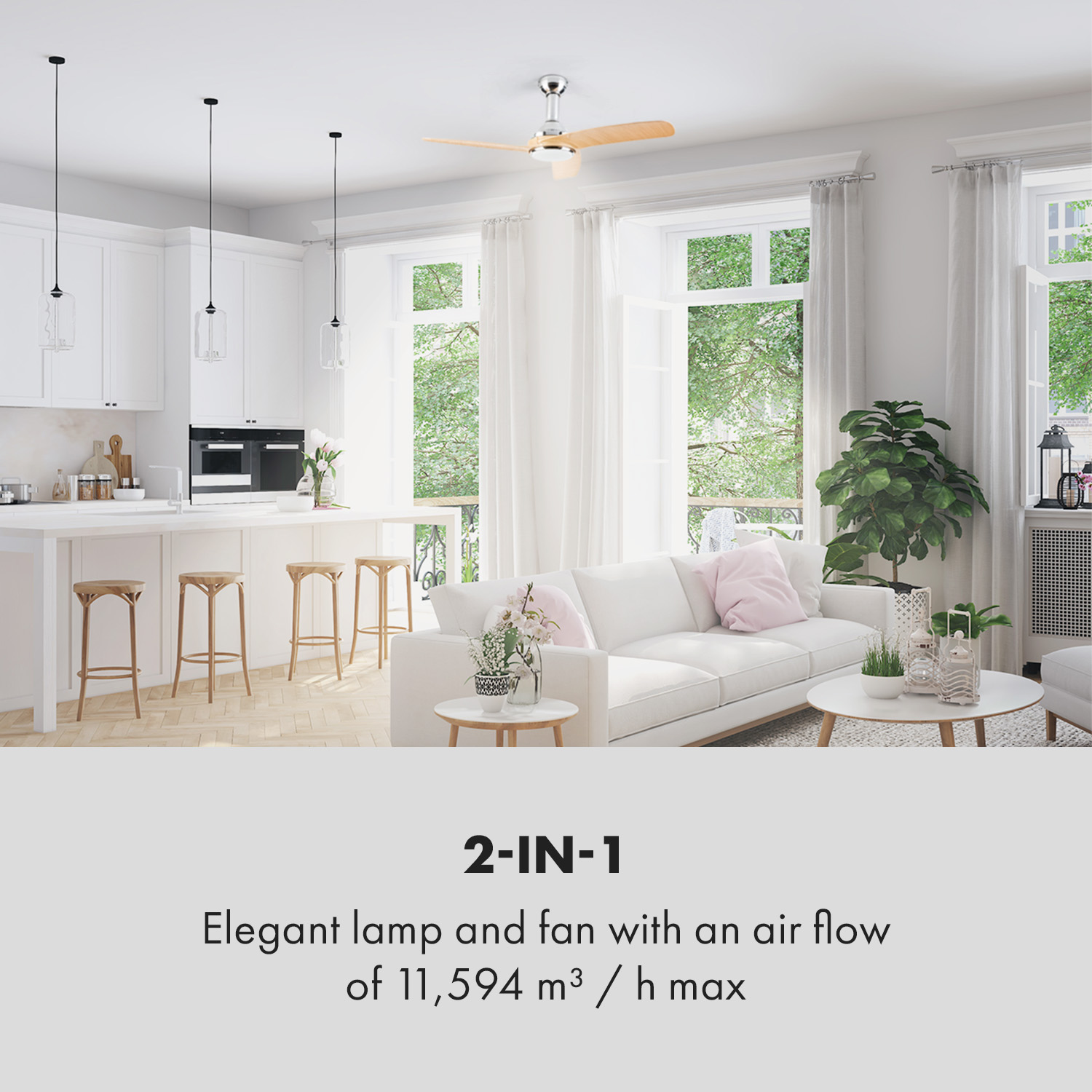 Cucina e soggiorno moderni con combinazione ventilatore/lampada a soffitto. Con divano bianco e tavolo in legno.