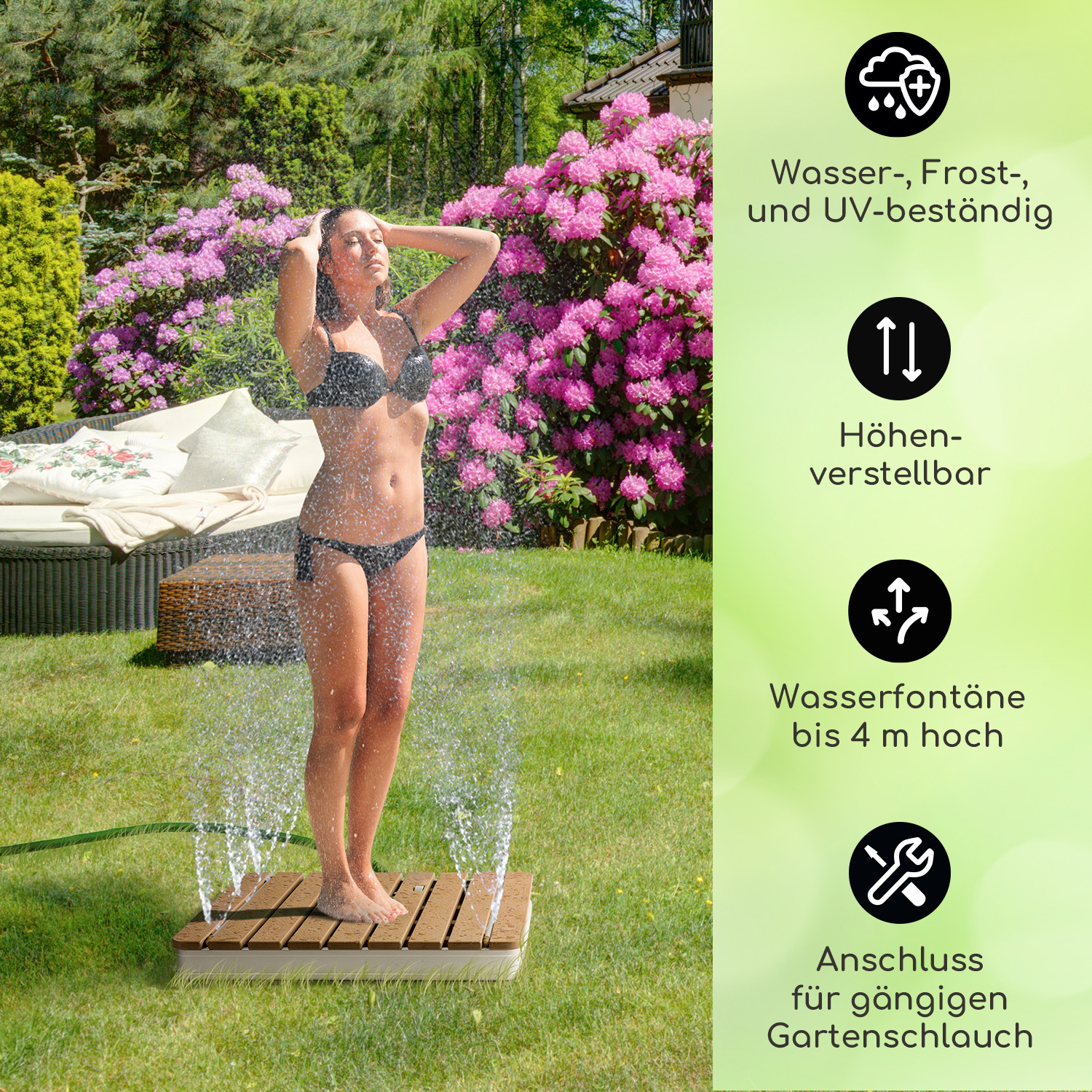 Frau duscht im Garten, Text zu Wasserfestigkeit und Eigenschaften.
