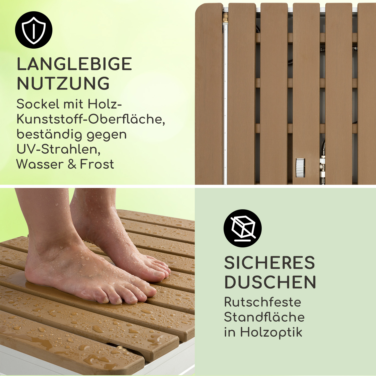 Nahaufnahme einer Duschmatte mit Fuß darauf. Abschnitte: eine Holzmatte, ein Fuß und Produktinfo.