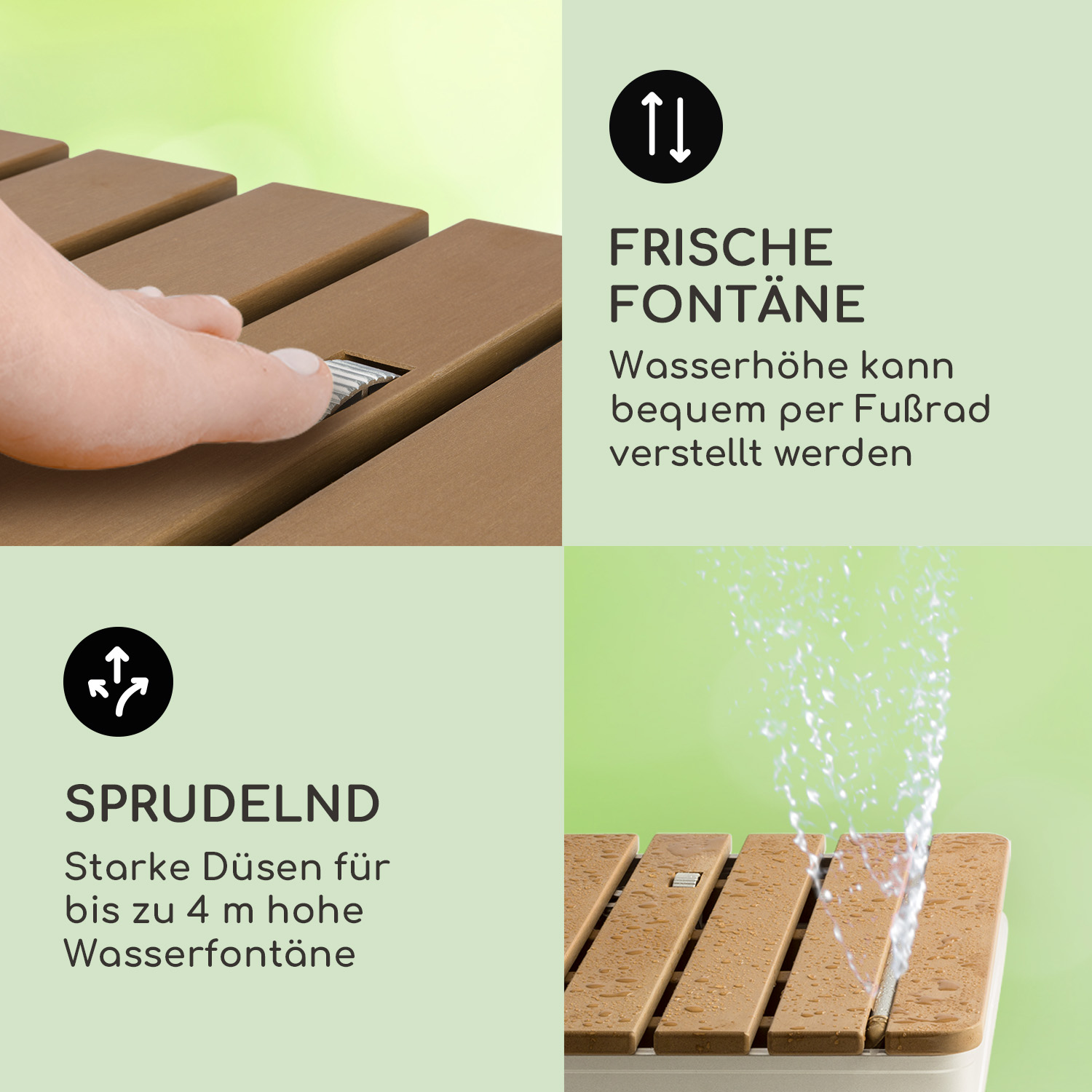 Nahaufnahme von braunen Brunnenelementen. Text: Leistungsstarke Düsen für bis zu 4 m hohen Springbrunnen. Wasserhöhe einstellbar.