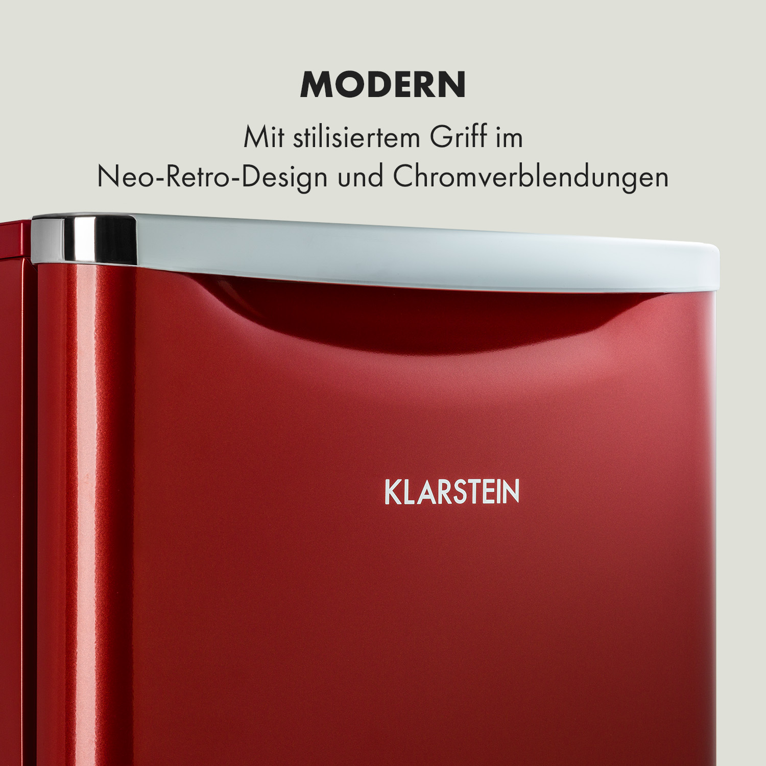 Mini-frigo rosso con piano argentato. Design moderno con maniglia neo-retrò.