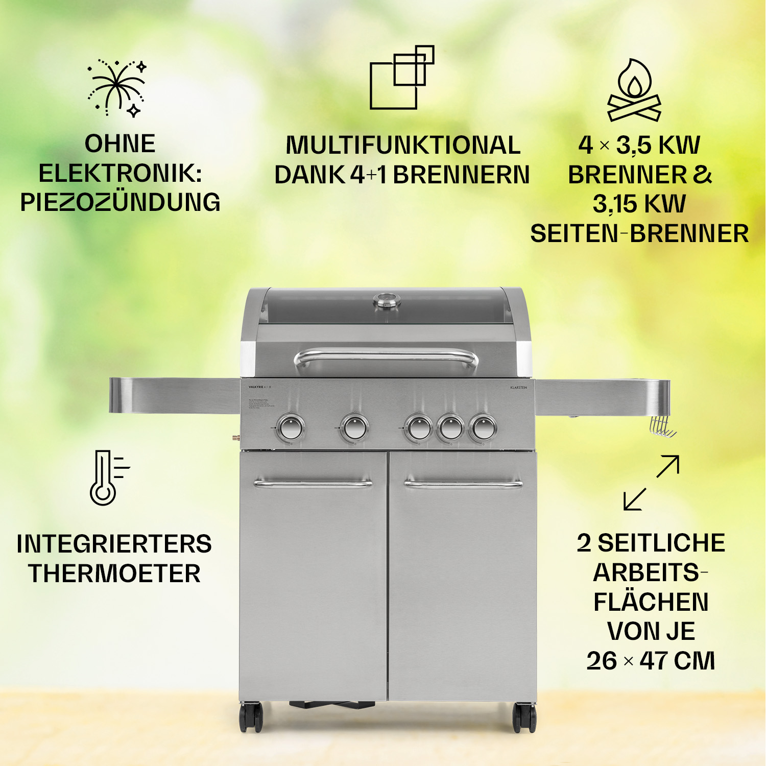 Silberner Grill mit Edelstahlgehäuse, schwarzen Details und Textbeschreibungen.
