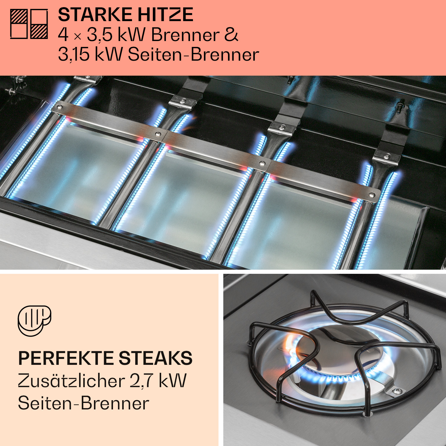 Nahaufnahme eines Grills mit Flammen und Brennern. Text über Hitze und Seitenbrenner ist sichtbar.