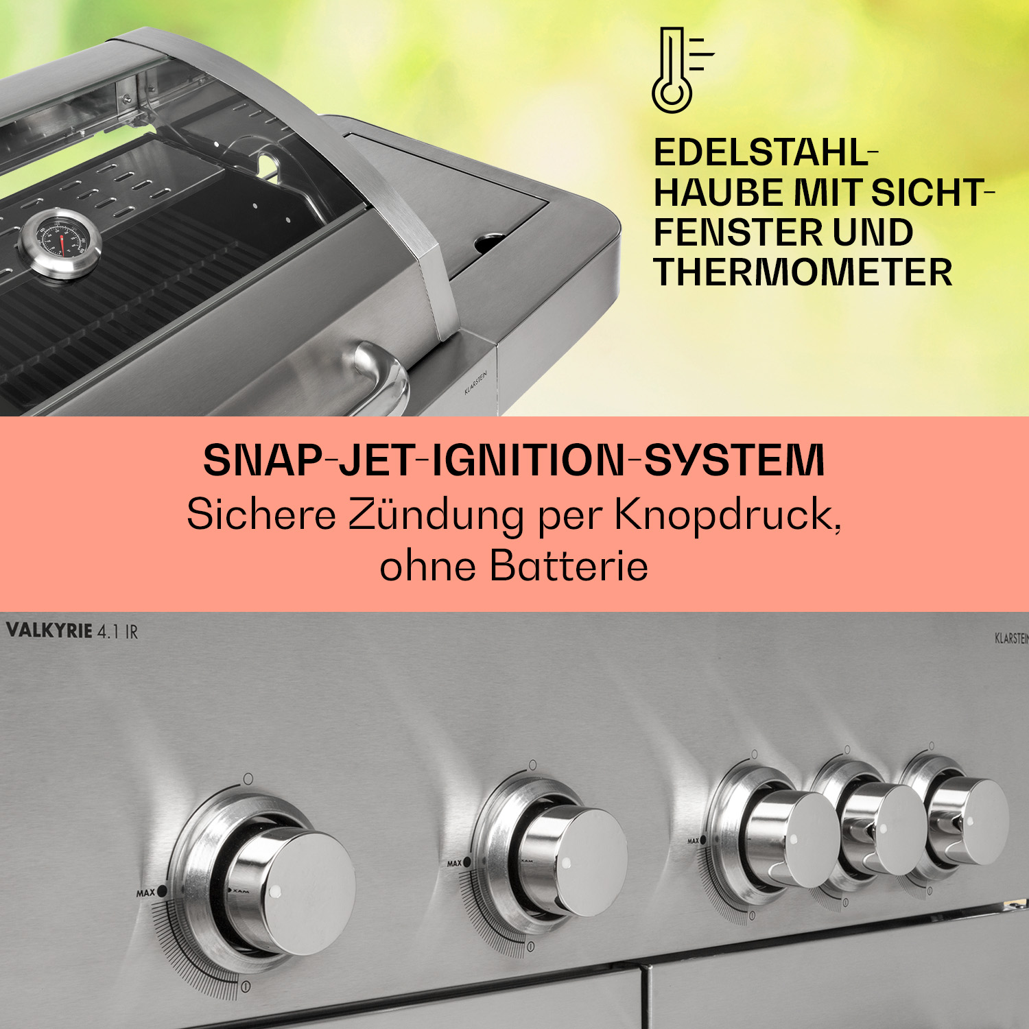 Nahaufnahme eines Edelstahlgrills mit Knöpfen und Thermometer.