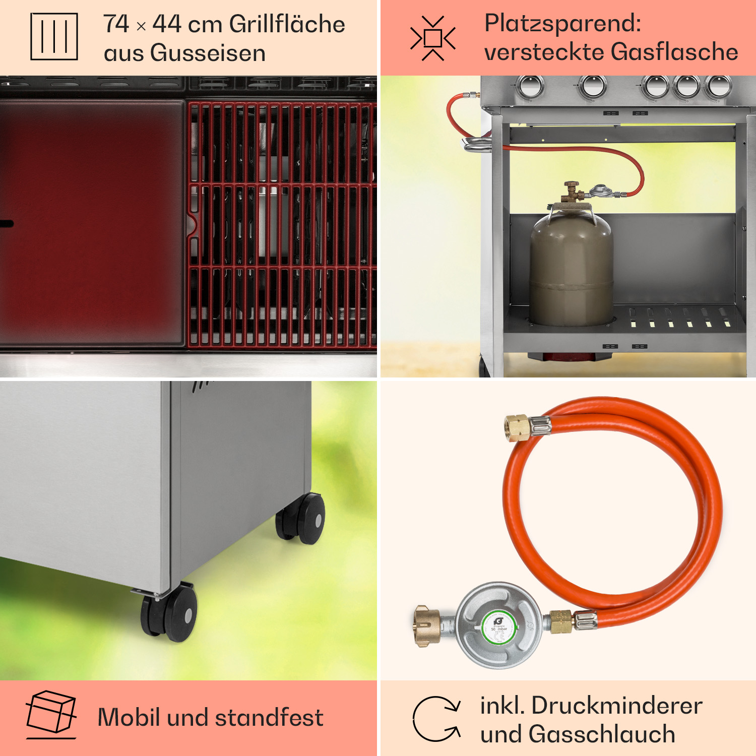 Ein Edelstahlgrill mit hervorgehobenen Merkmalen, darunter ein Gastank und ein mobiles Design.