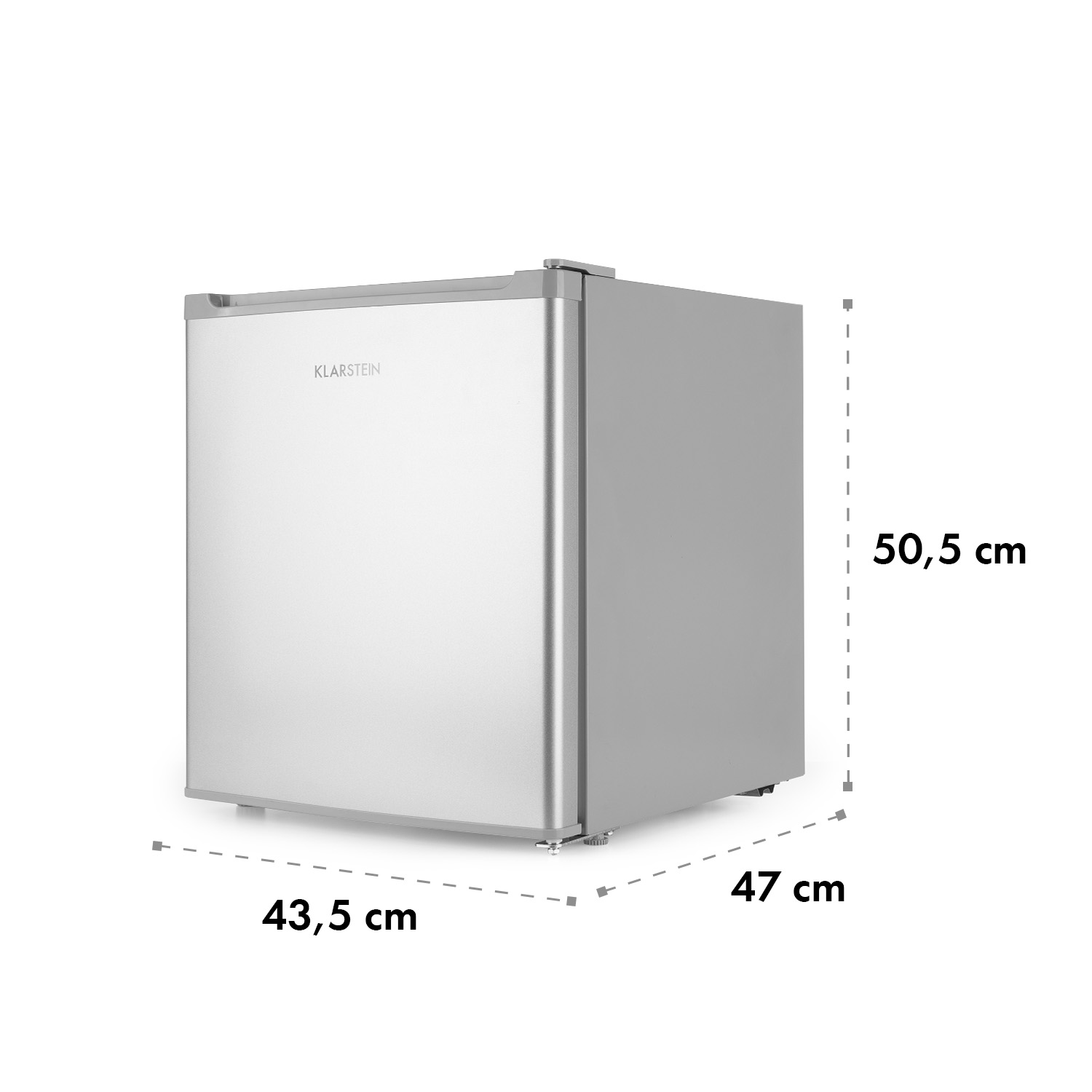 Silberner Mini-Kühlschrank mit Maßen auf weißem Hintergrund.