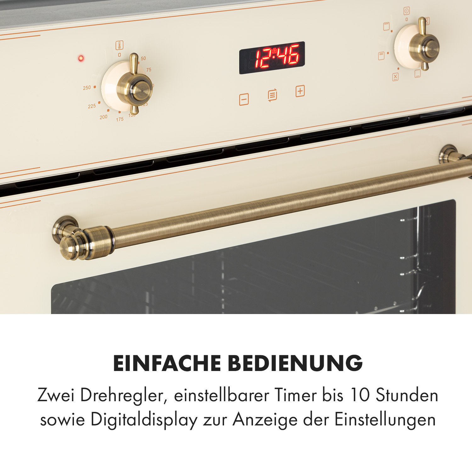 Forno color crema con display digitale e manopole. Testo: Funzionamento semplice.