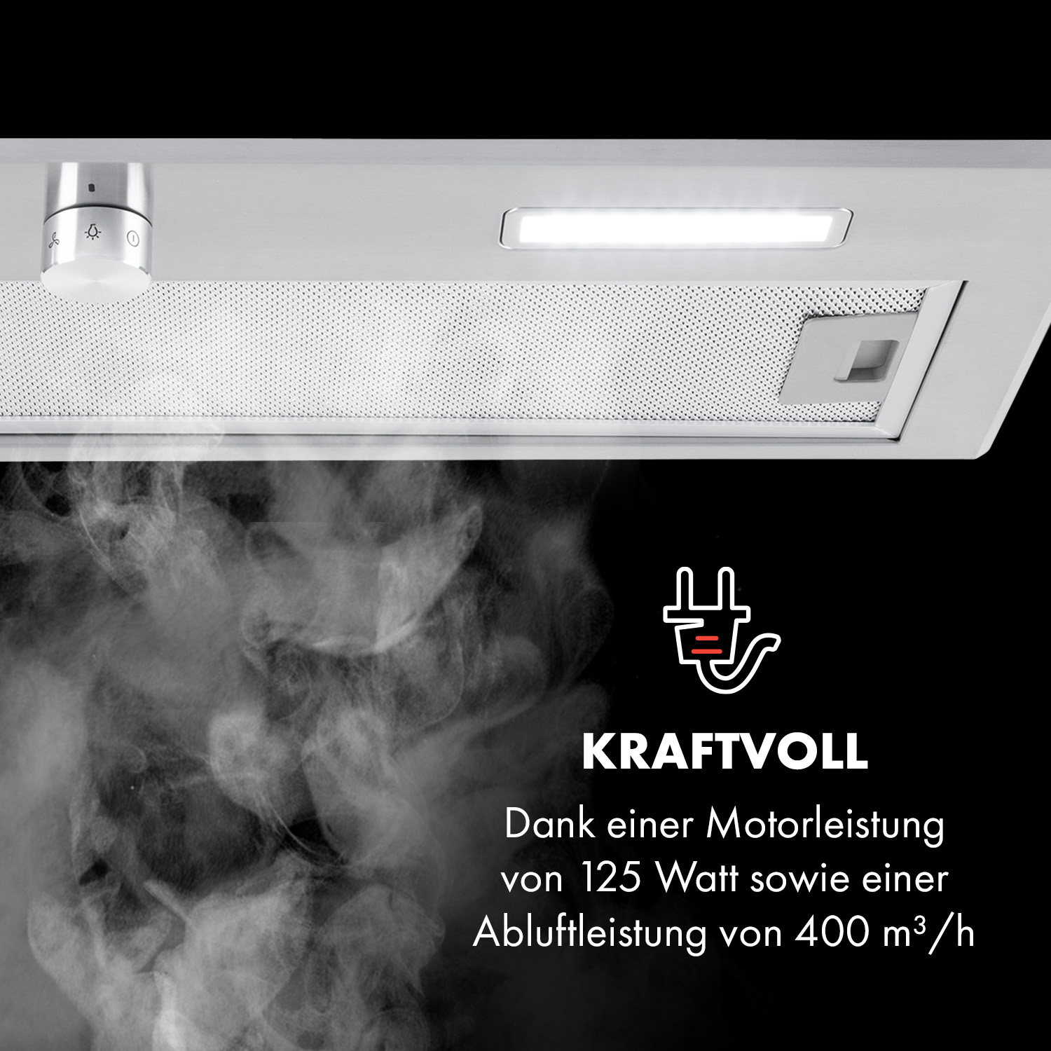 Nahaufnahme einer Dunstabzugshaube mit Dampf. Text: Leistungsstark, 125W Motor, 400 m³/h Luftstrom.