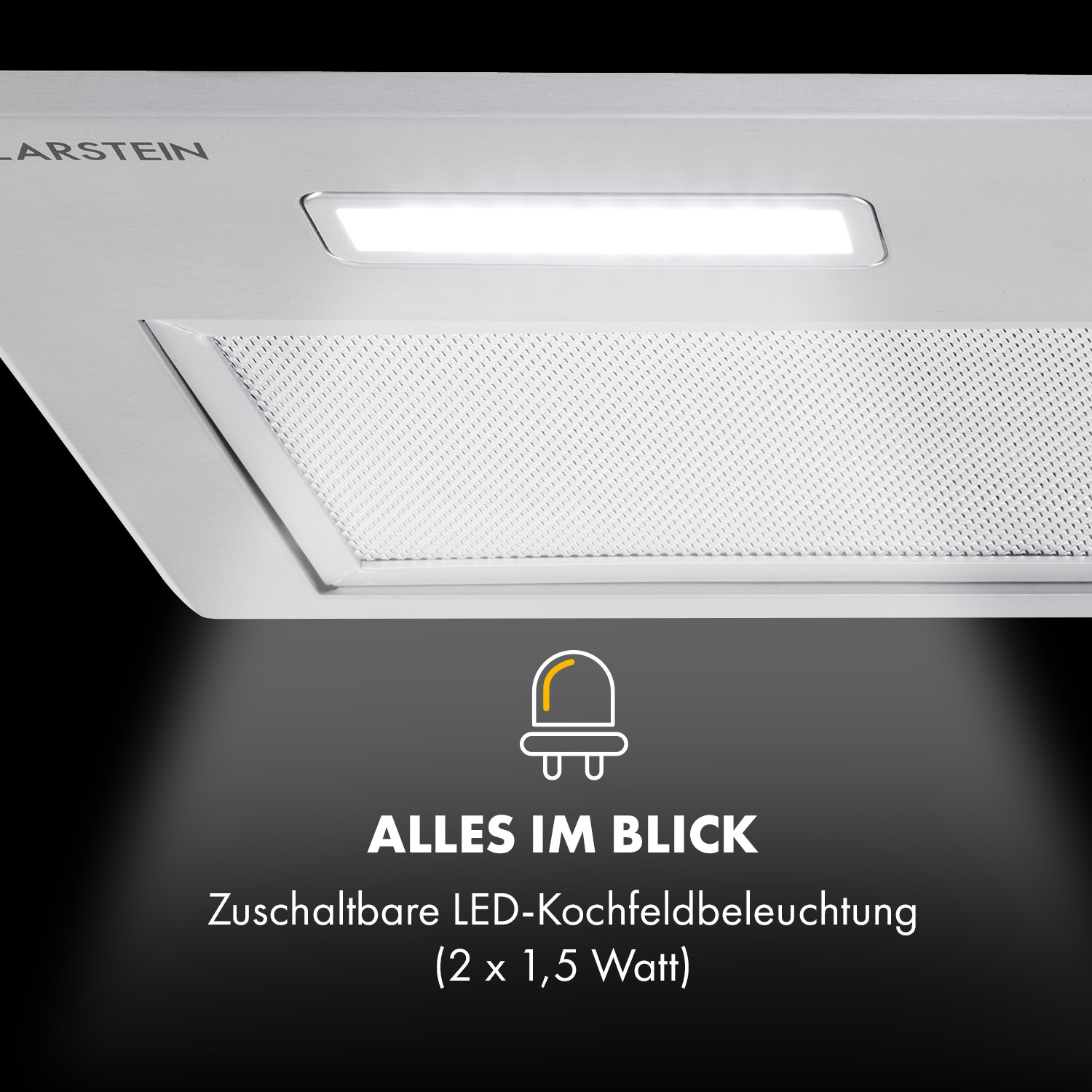 Nahaufnahme einer weißen Dunstabzugshaube mit hellem LED-Licht, das von unten scheint.