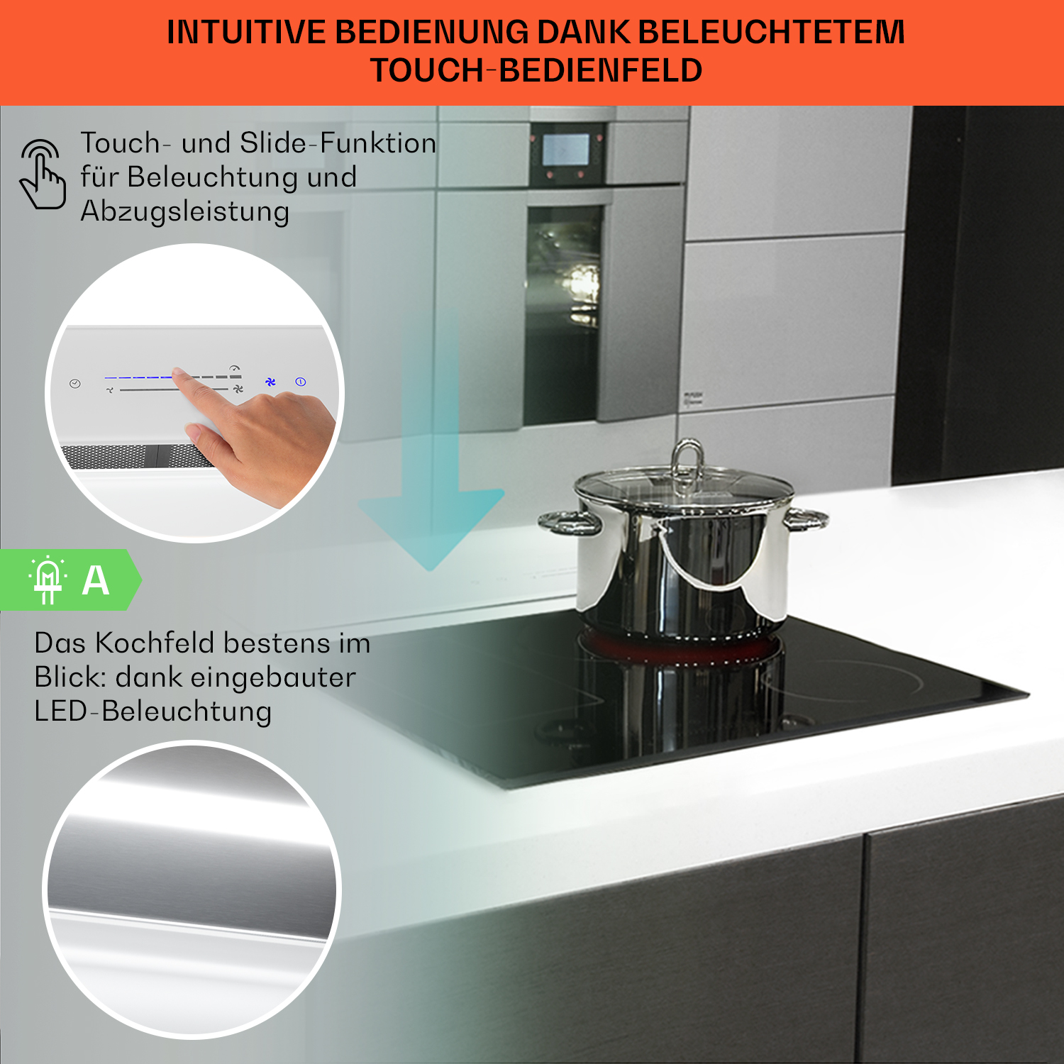 Una scena di cucina con piano cottura a induzione e pentola. Pannello a sfioramento e piano di lavoro bianco.