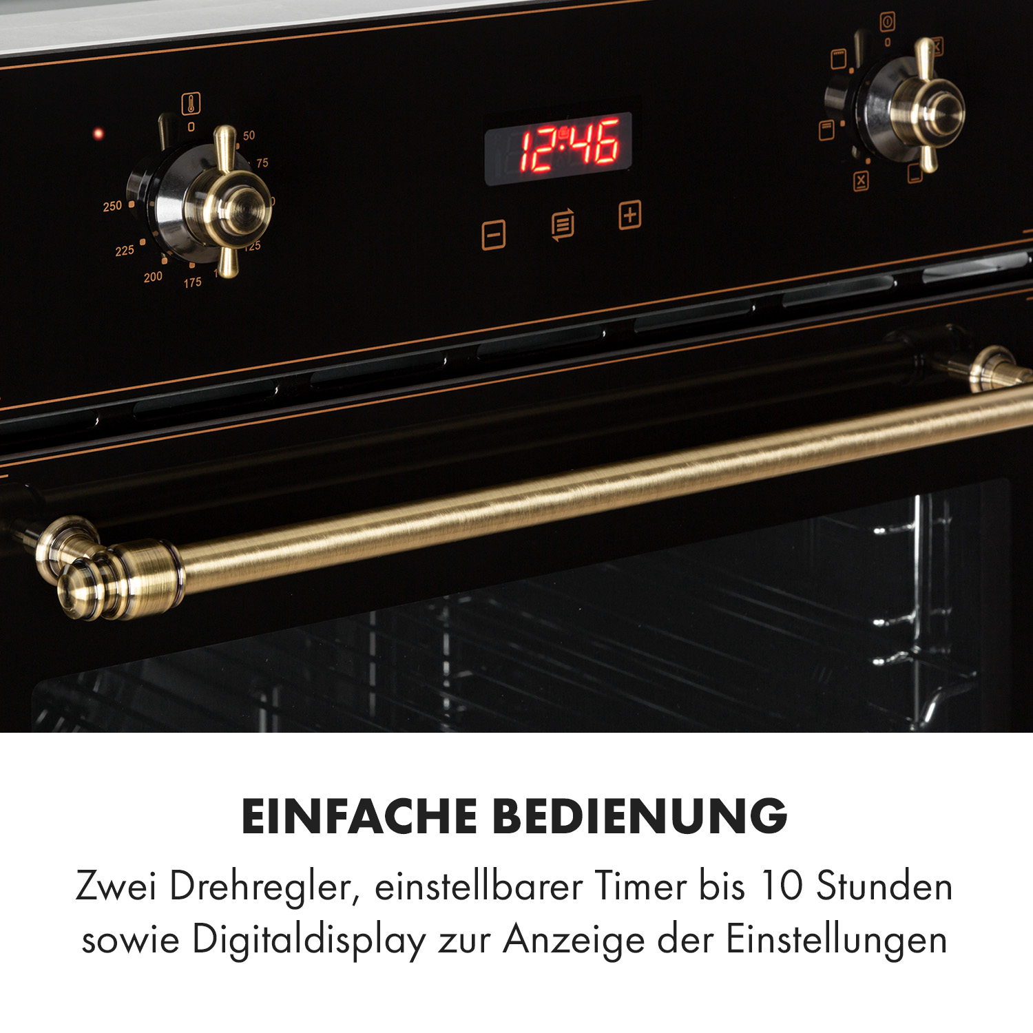 Nahaufnahme eines schwarzen Ofenbedienfelds mit Knöpfen, Digitalanzeige und goldenem Griff. Text unten.