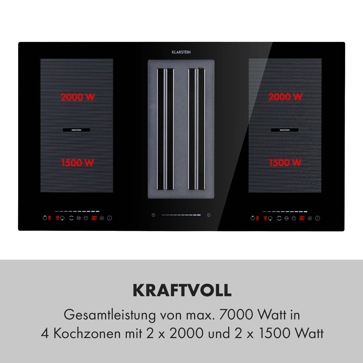Schwarzes Induktionskochfeld mit zwei Kochzonen. Die Anzeige zeigt Leistung in Rot.