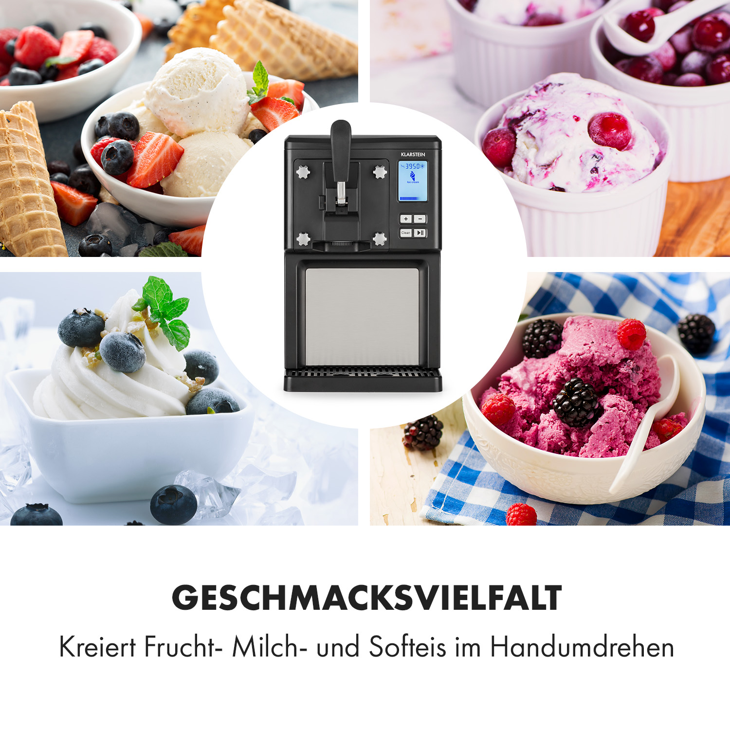 Eismaschine mit verschiedenen Eiscremesorten in Schalen darum herum.