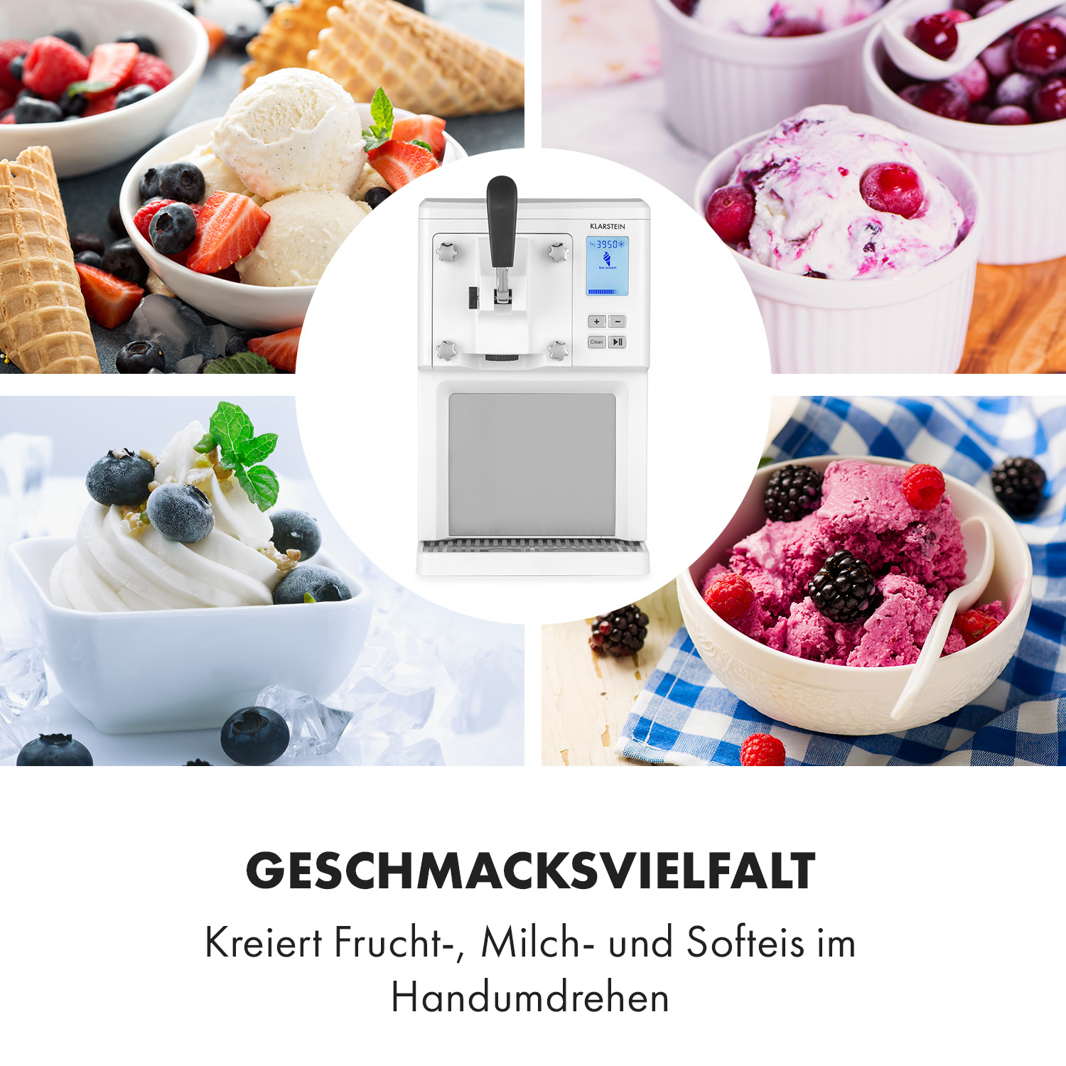 Eine Eiscrememaschine, umgeben von Eiscreme-Schalen mit Früchten.
