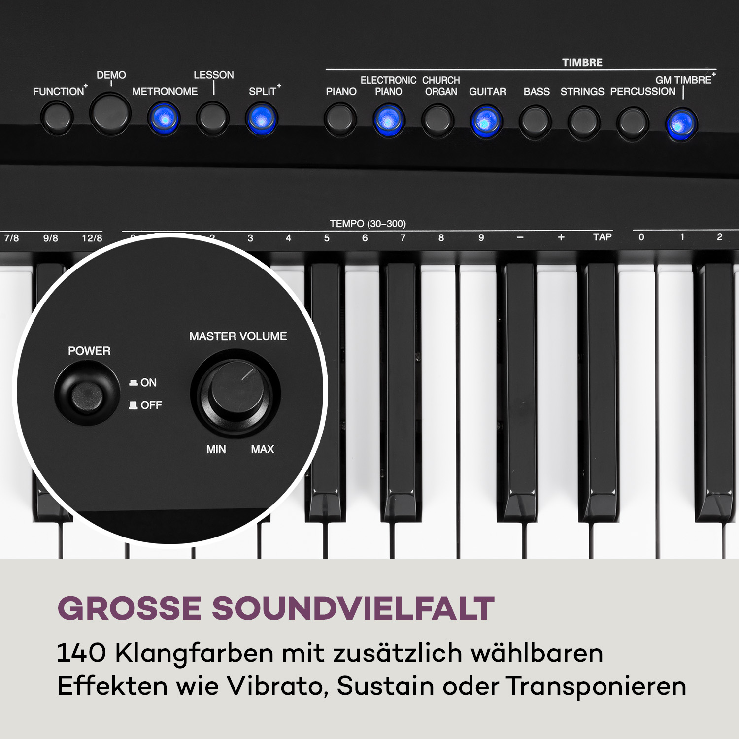 Schwarze Klaviertastatur mit Bedienfeld, das Knöpfe und Lautstärkeregler anzeigt.