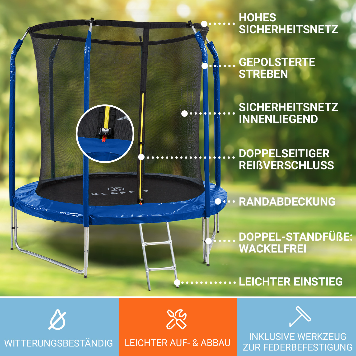Ein Trampolin mit blauem Rahmen, schwarzem Netz und Leiter. Textmarkierungen weisen auf Funktionen hin.