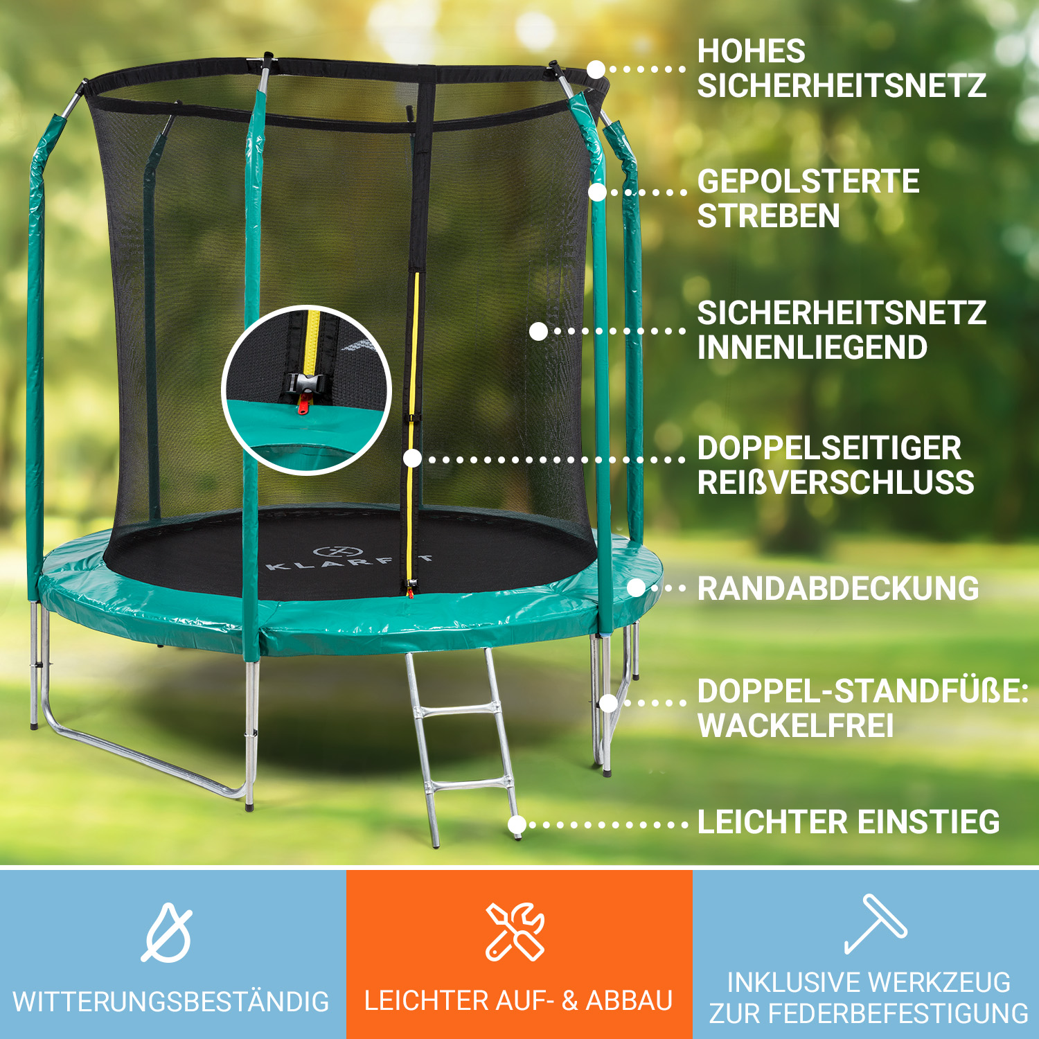 Grünes und schwarzes Trampolin mit Sicherheitsnetz, Leiter und beschrifteten Teilen. Weißer Hintergrund.
