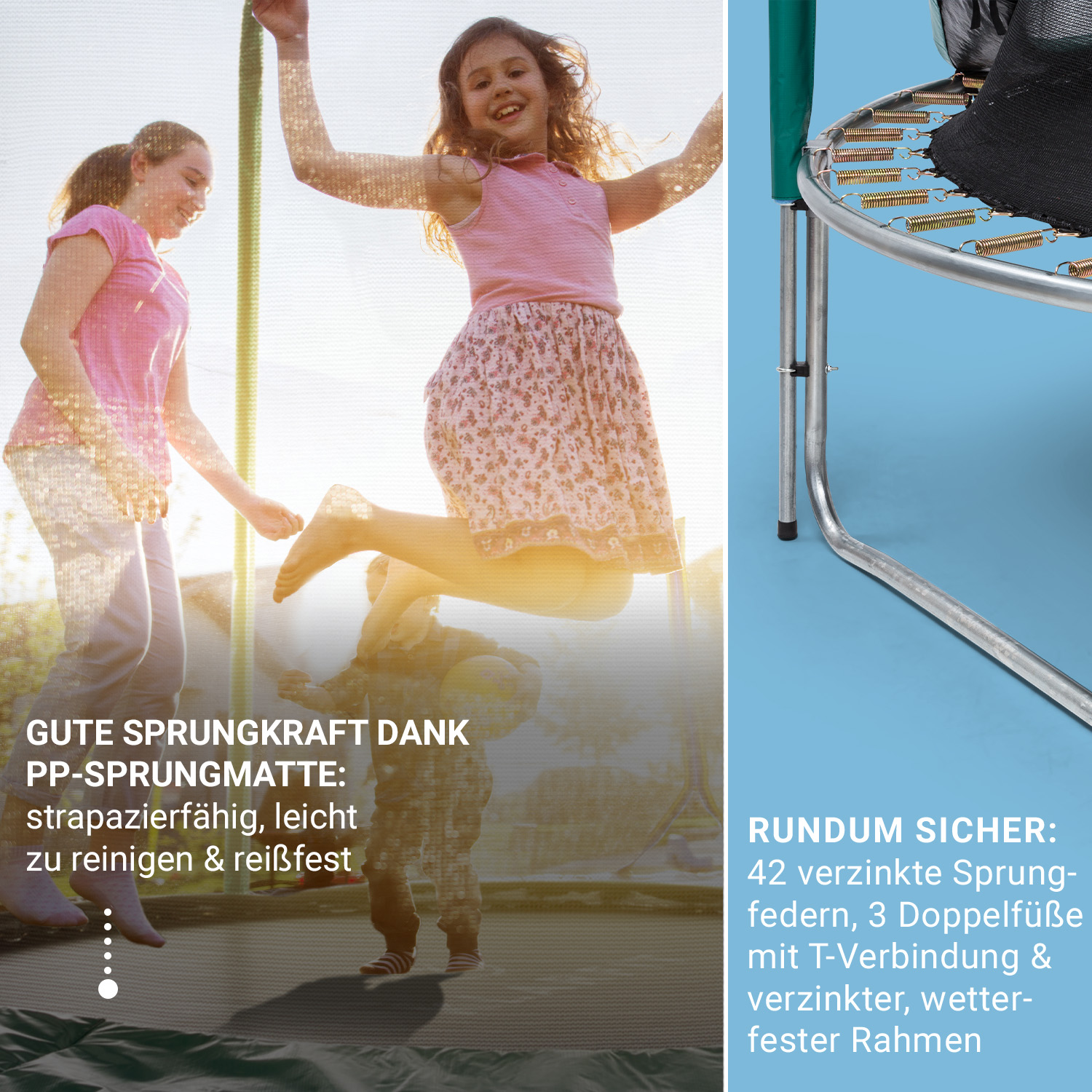 Kinder springen auf einem Trampolin, eines wird gehalten.
