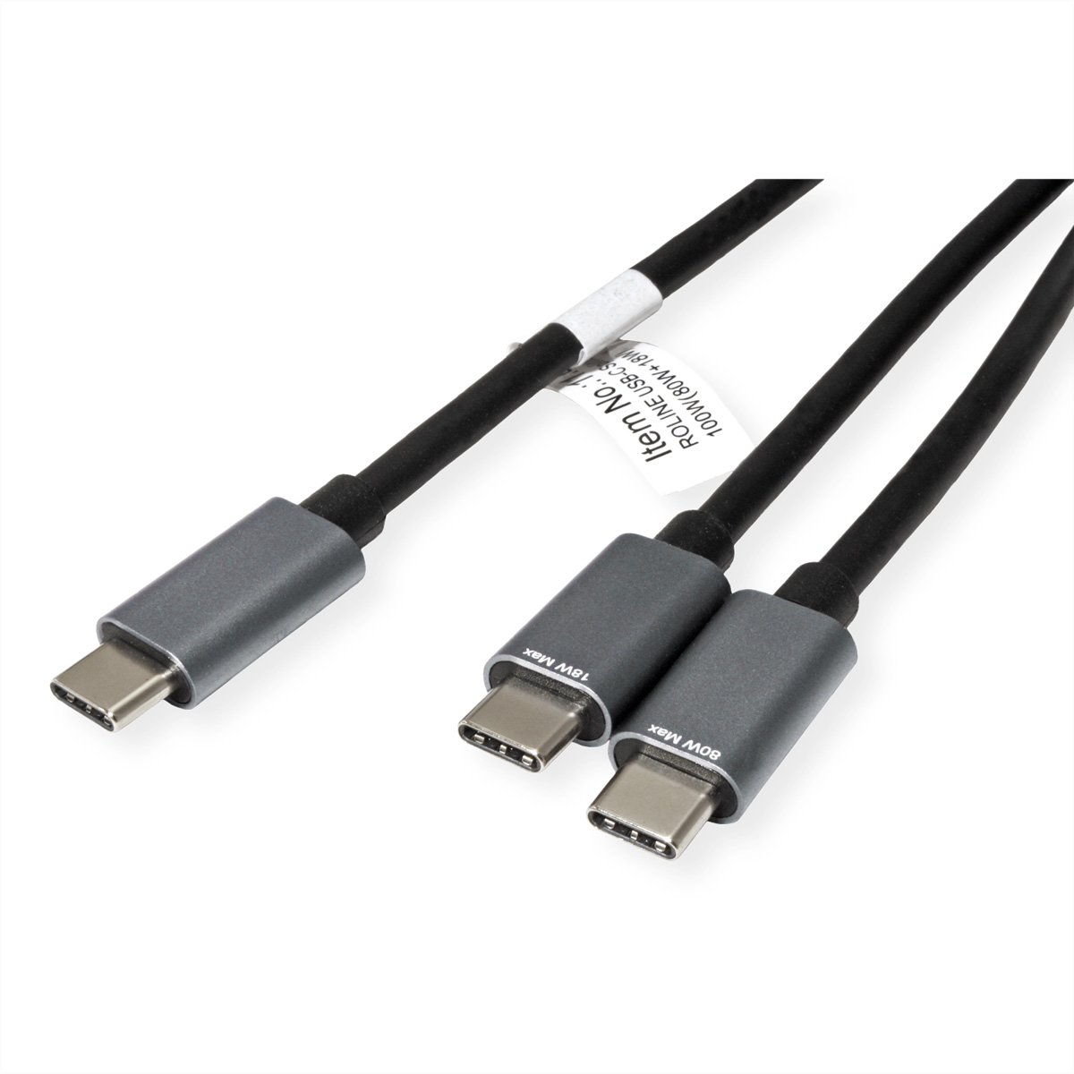 Close-up van USB-C-kabels. Grijze connectoren. Eén heeft 100W en de andere 15W en 90W.
