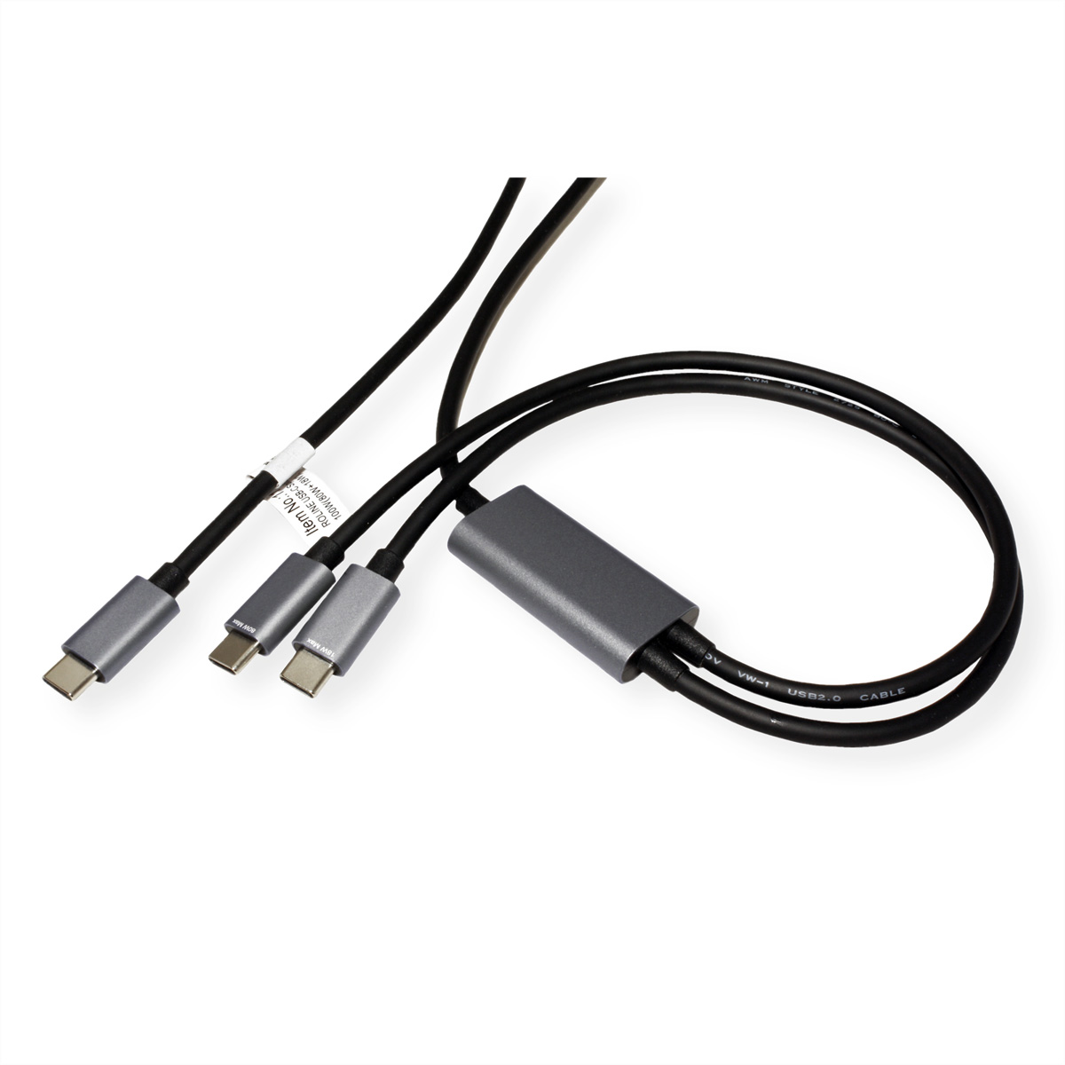 USB-C-kabels aangesloten op een grijze adapter op een witte achtergrond.