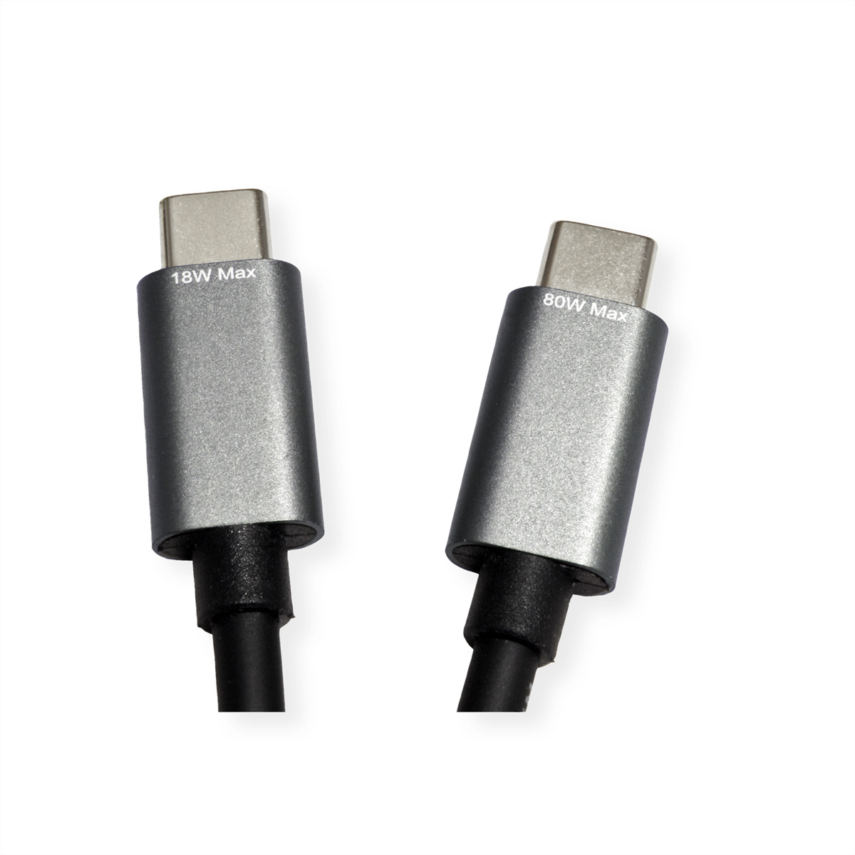 Twee grijze USB-C-kabels, één met 18W Max, de andere met 80W Max, zwarte connectoren, witte achtergrond.