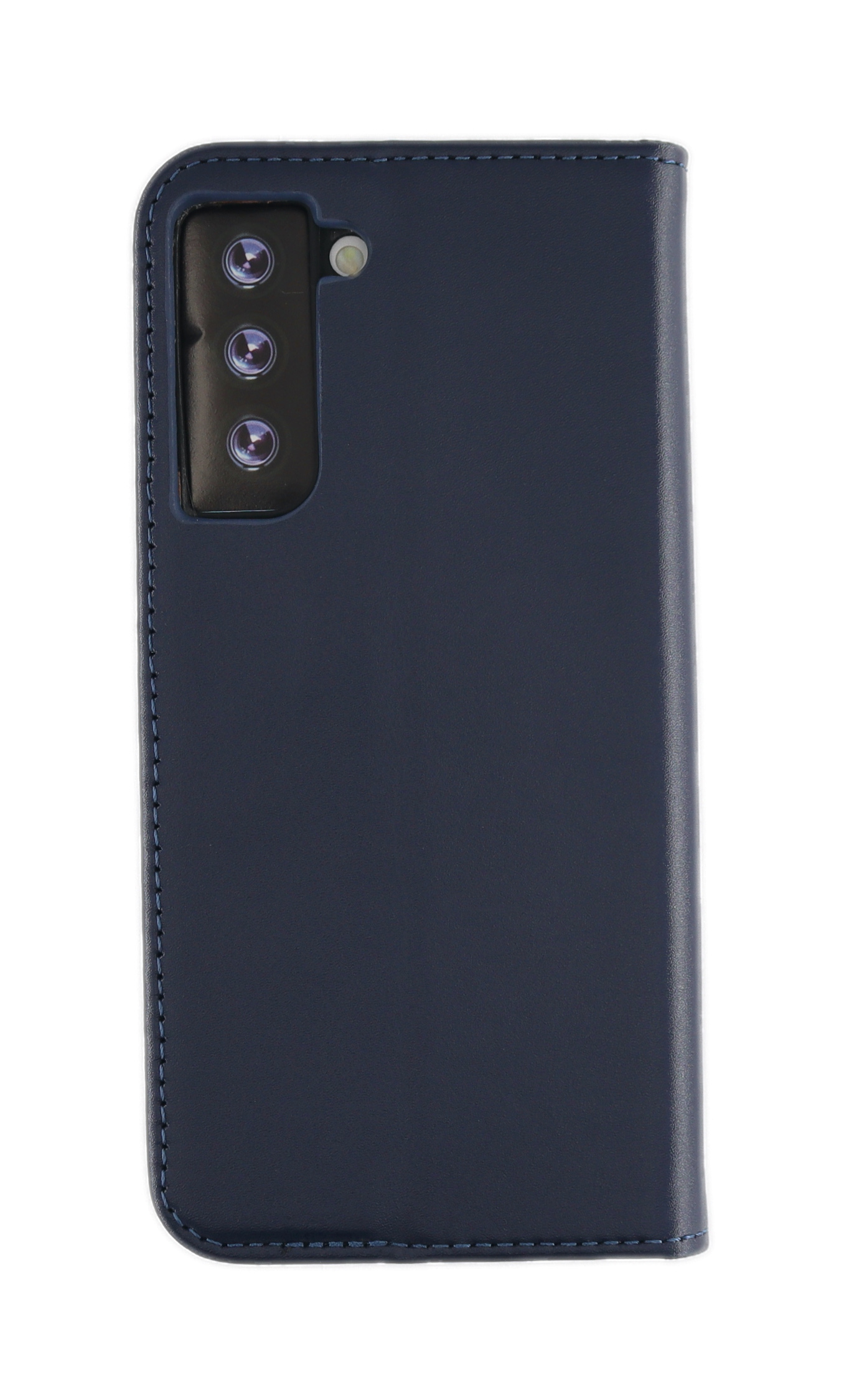 Marineblaue Handyhülle mit drei Kameralinsen. Das Telefon befindet sich auf der rechten Seite.